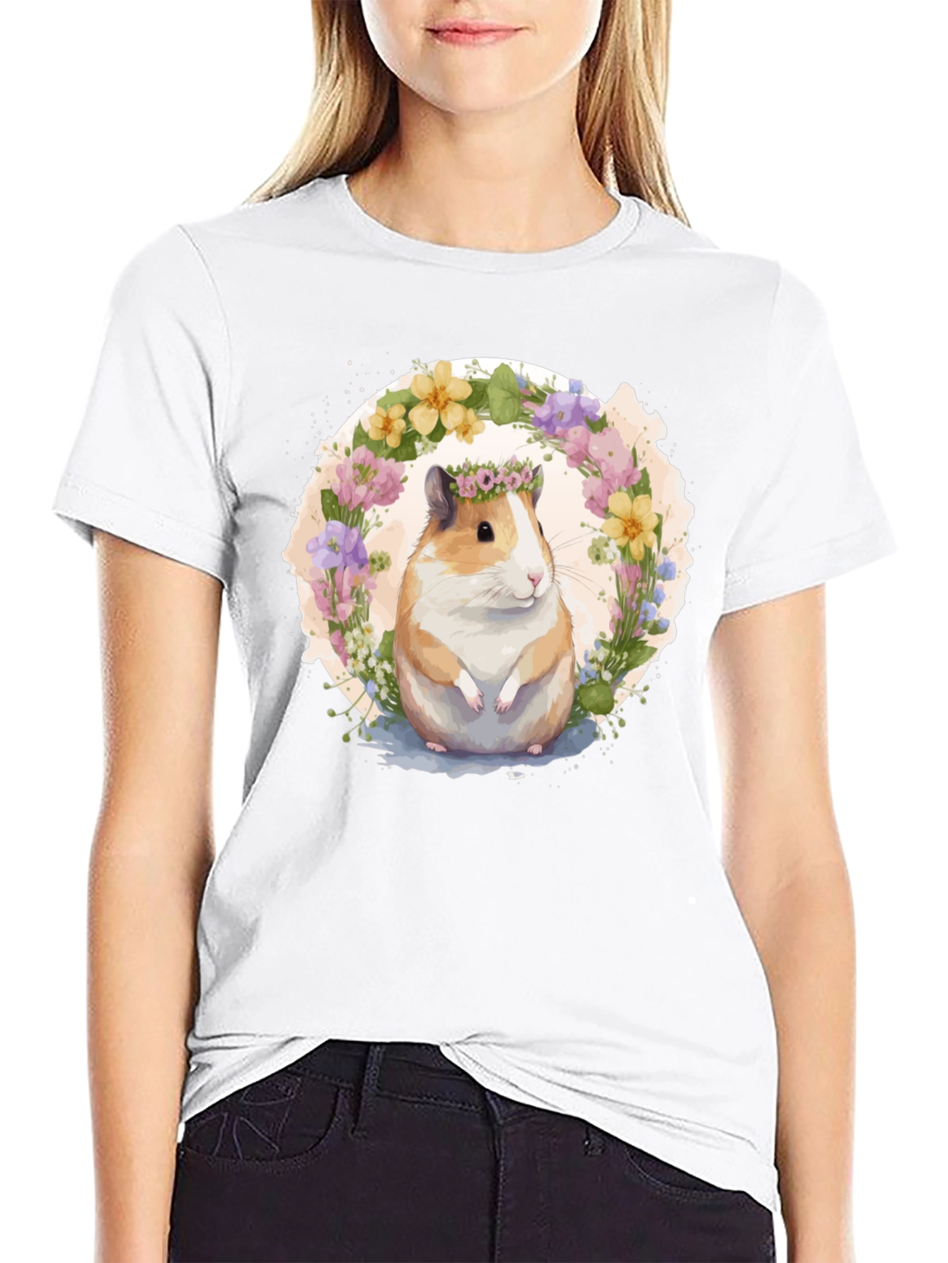 Black Guinea Pig Floral Wreath Graphic Tee view 9