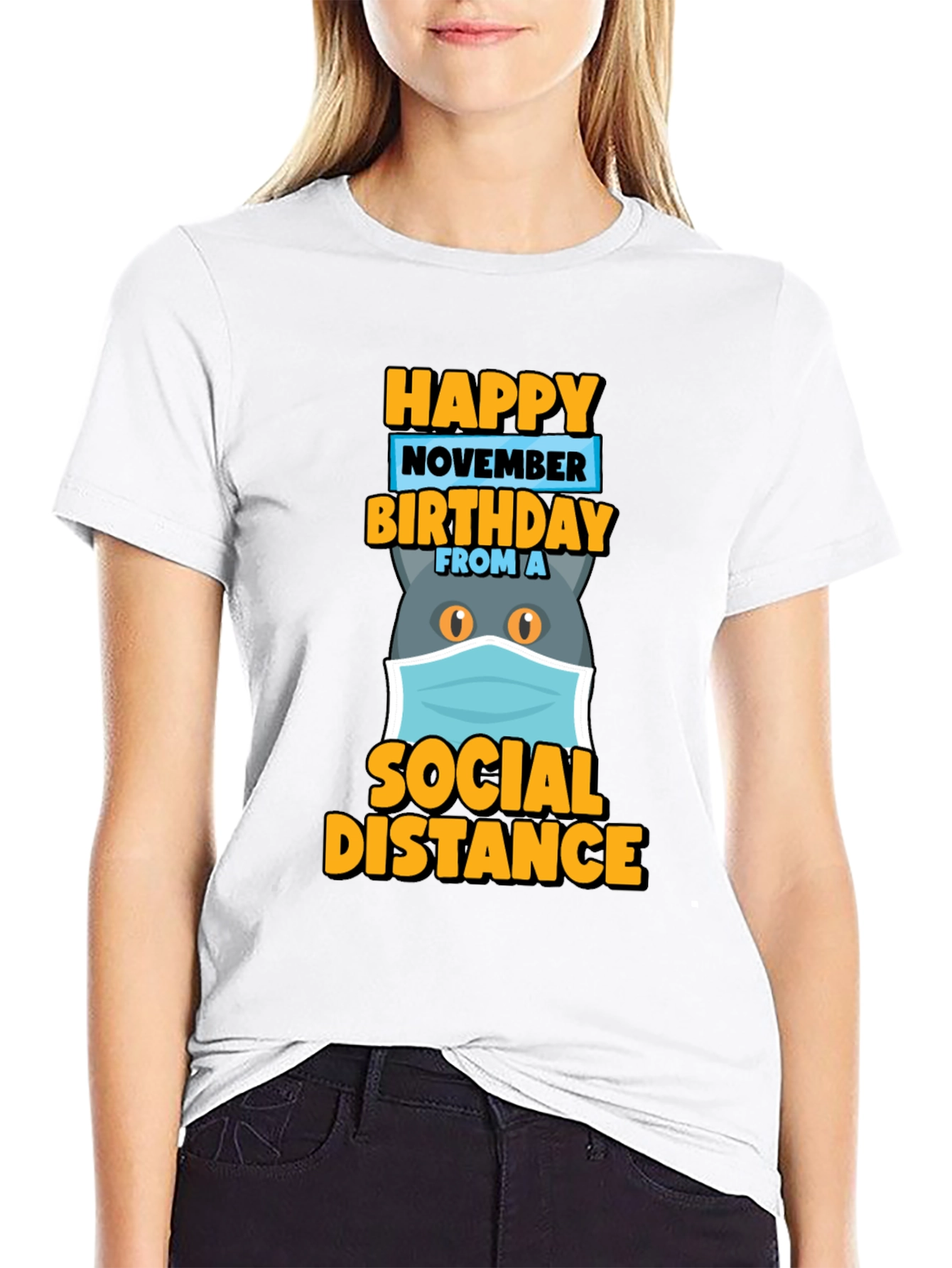 Black Happy November Birthday Social Distance Cat T-Shirt view 9