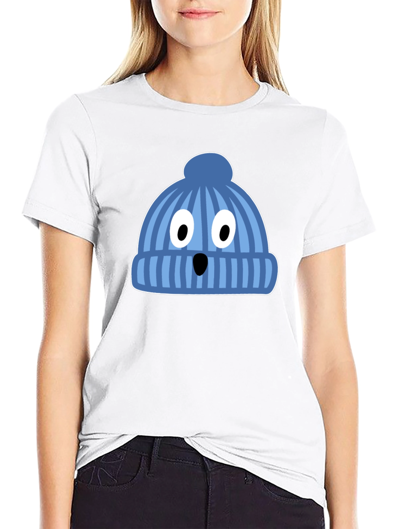 Black Funny Knit Hat Face Black T-Shirt view 9