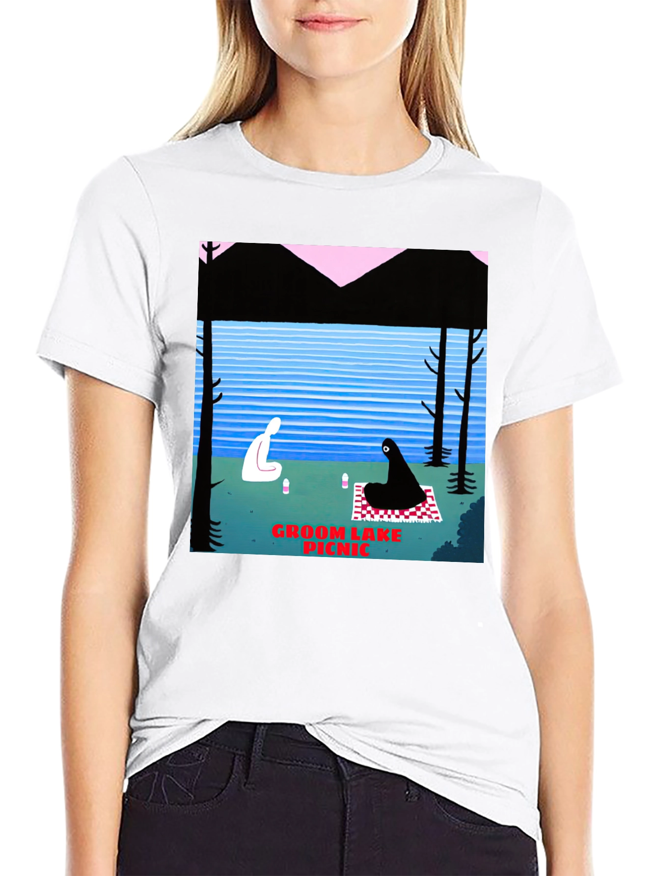 Black Groom Lake Picnic Graphic T-Shirt - Unique Art Tee view 9