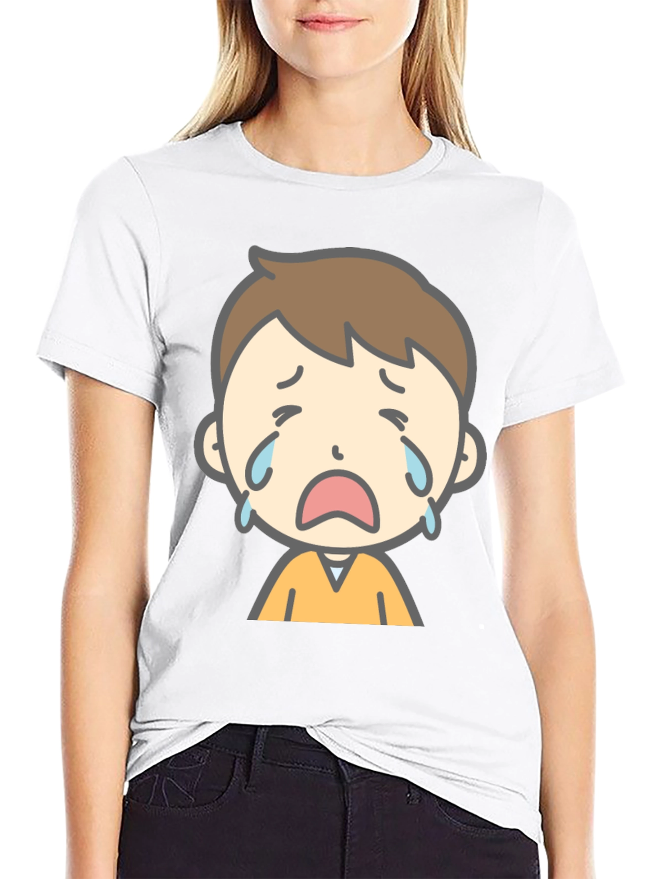 Black Sad Cartoon Boy Graphic T-Shirt view 9