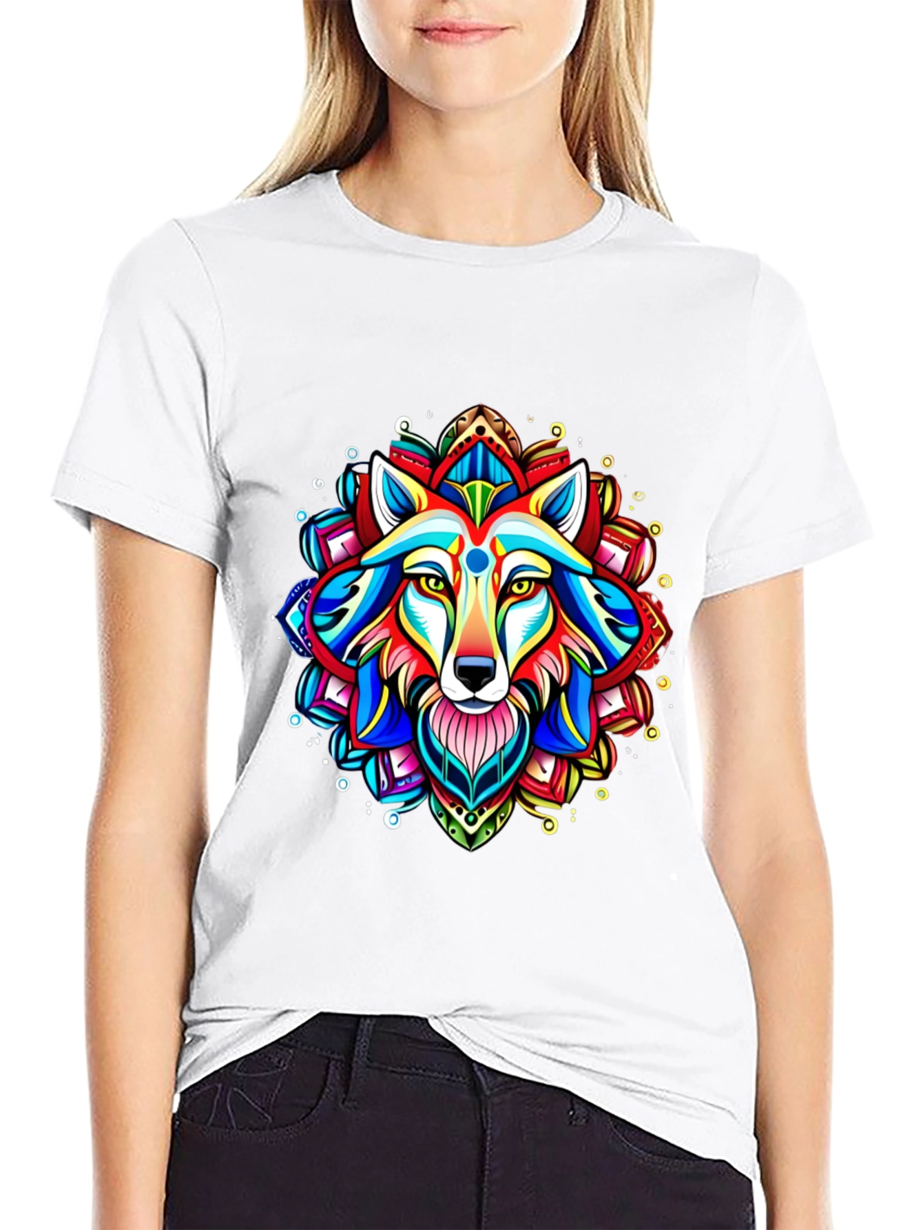Black Vibrant Wolf Mandala Graphic Tee view 9