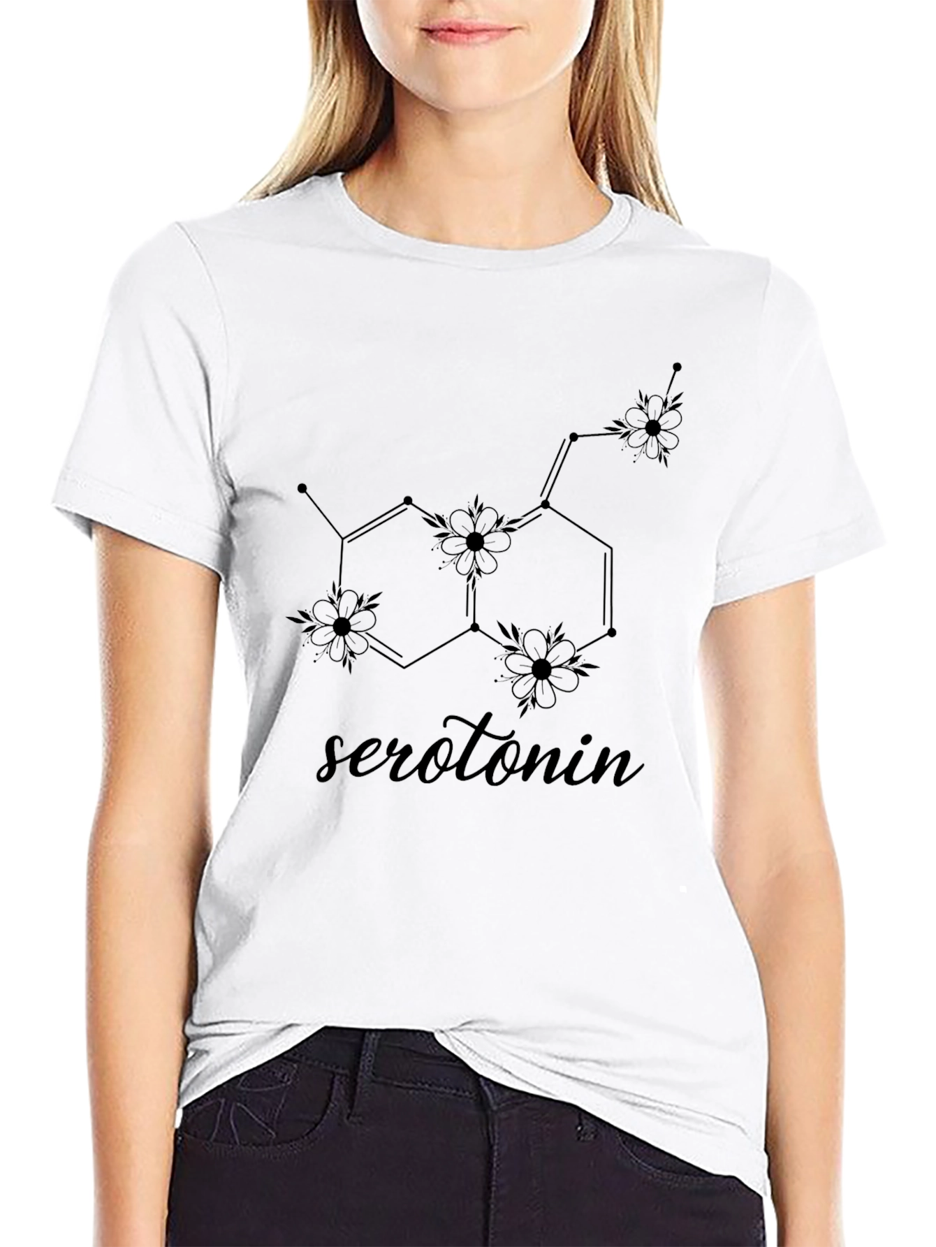 Black Serotonin Molecule Floral Graphic T-Shirt view 9