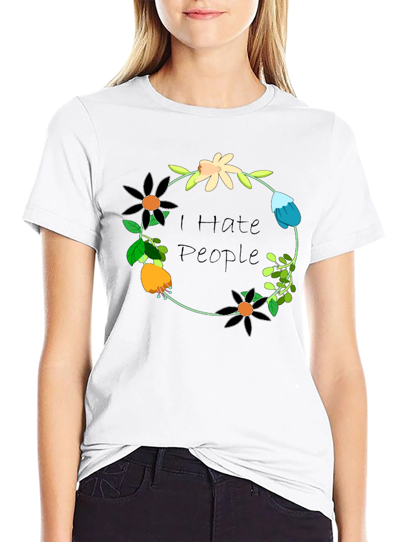 Black I Hate People Floral Wreath T-Shirt view 9