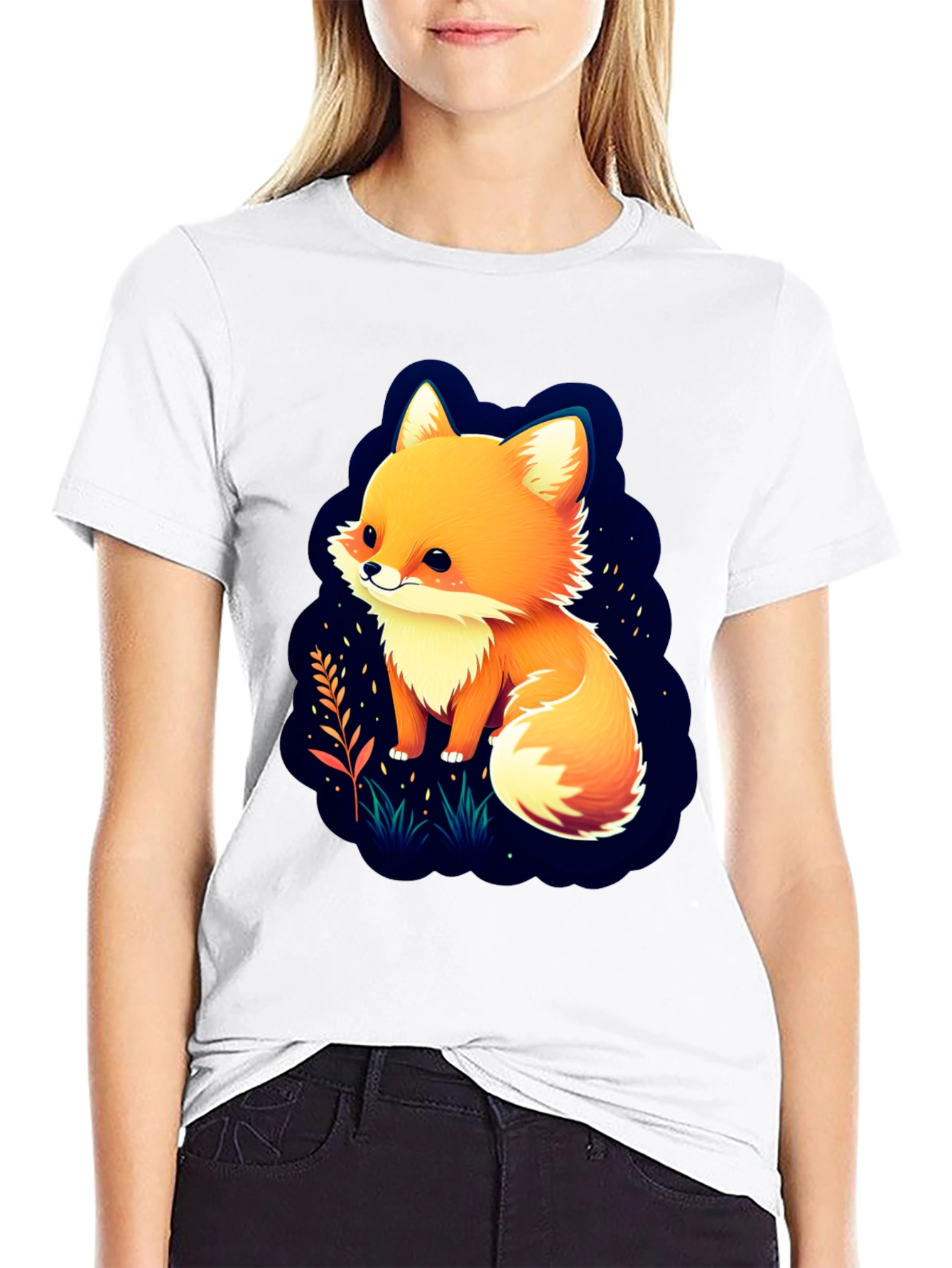 Black Cute Fox Graphic Tee - Soft Cotton Blend view 9