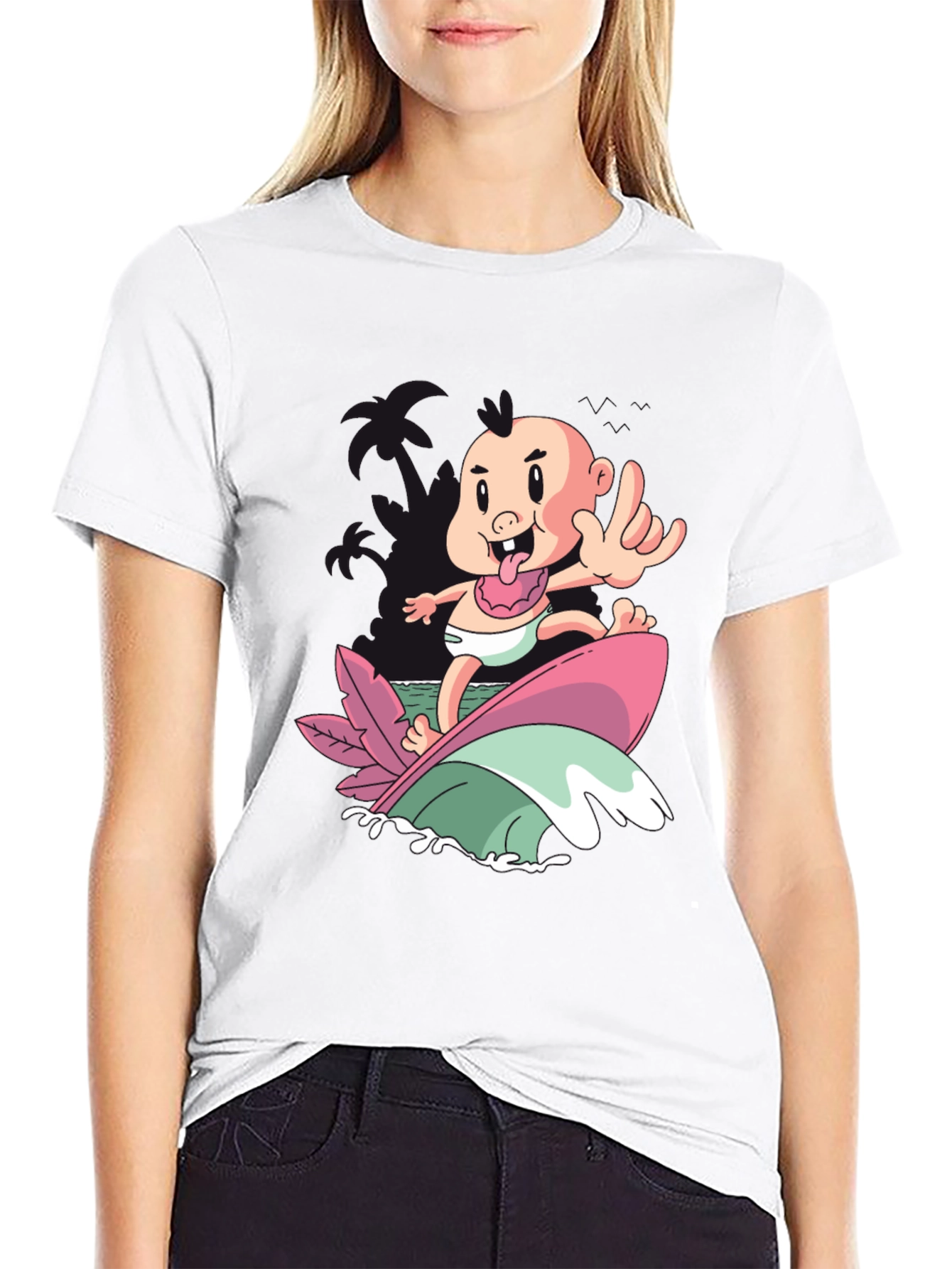 Black Surfing Baby Graphic T-Shirt - Cool Cartoon Tee view 9