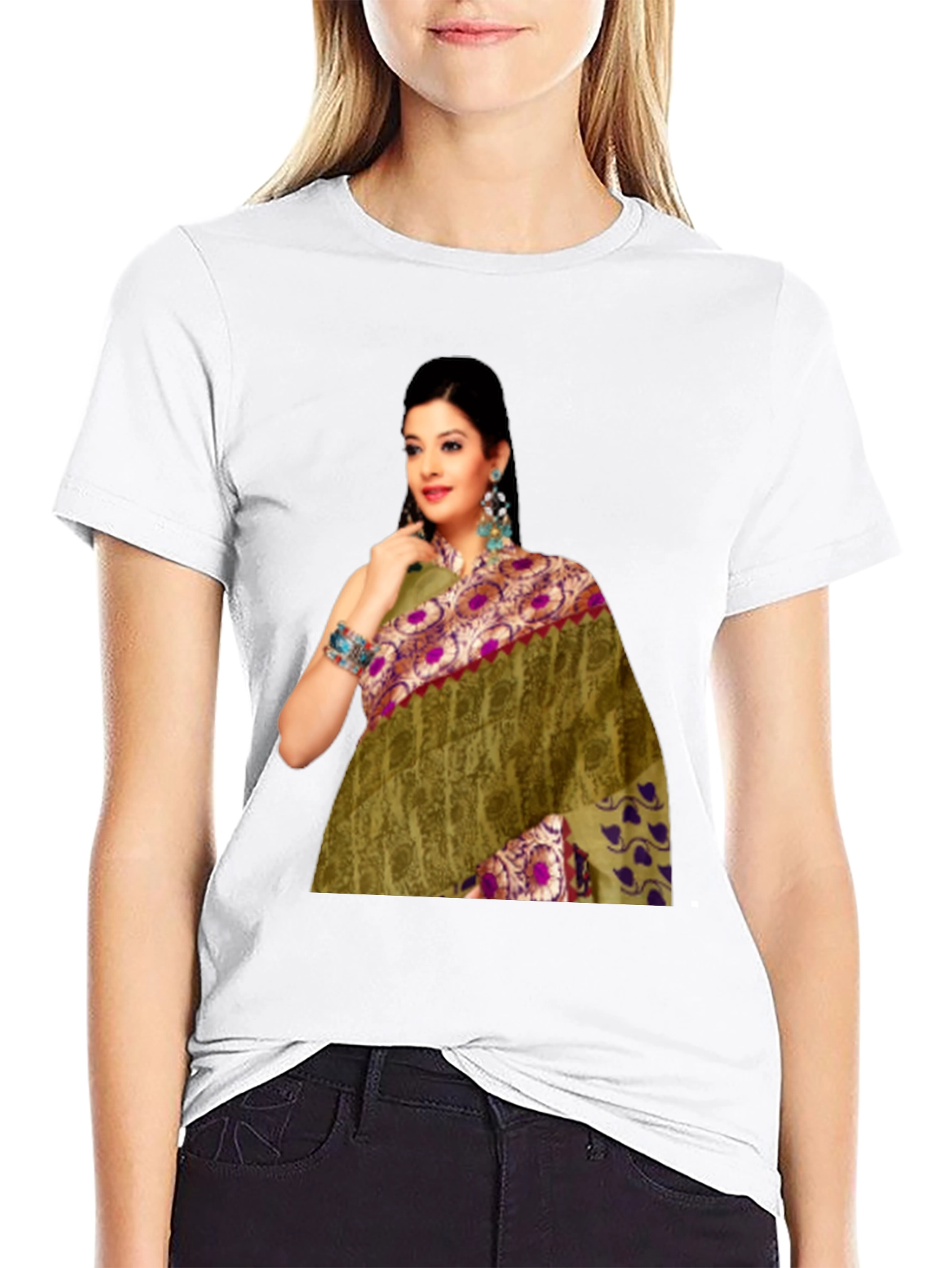 Black Black T-Shirt with Saree Print view 9