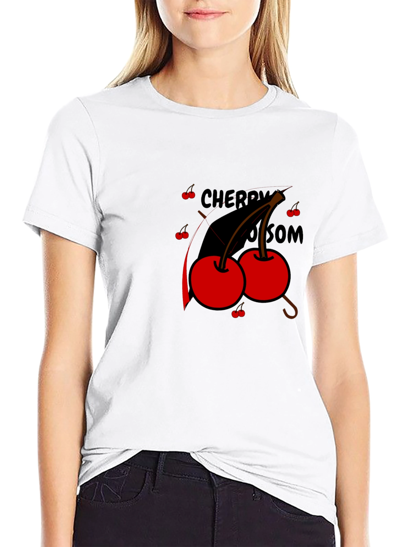 Black Cherry Blossom Graphic Tee - Black Cotton T-Shirt view 9