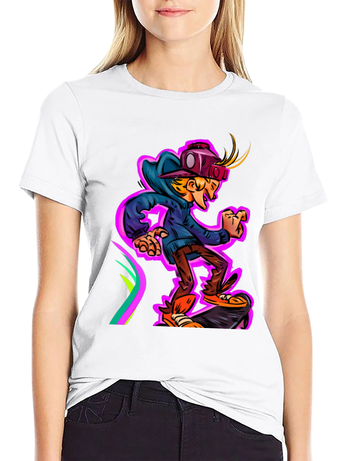 Black Cartoon Graphic Tee - Skateboarding Kid view 9