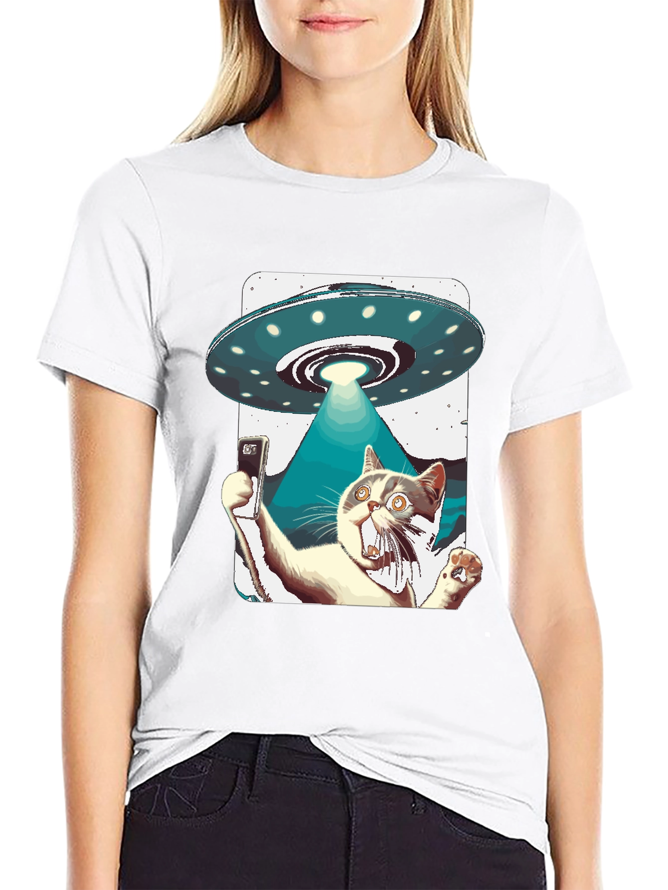 Black Alien Abduction Cat Selfie T-Shirt view 9