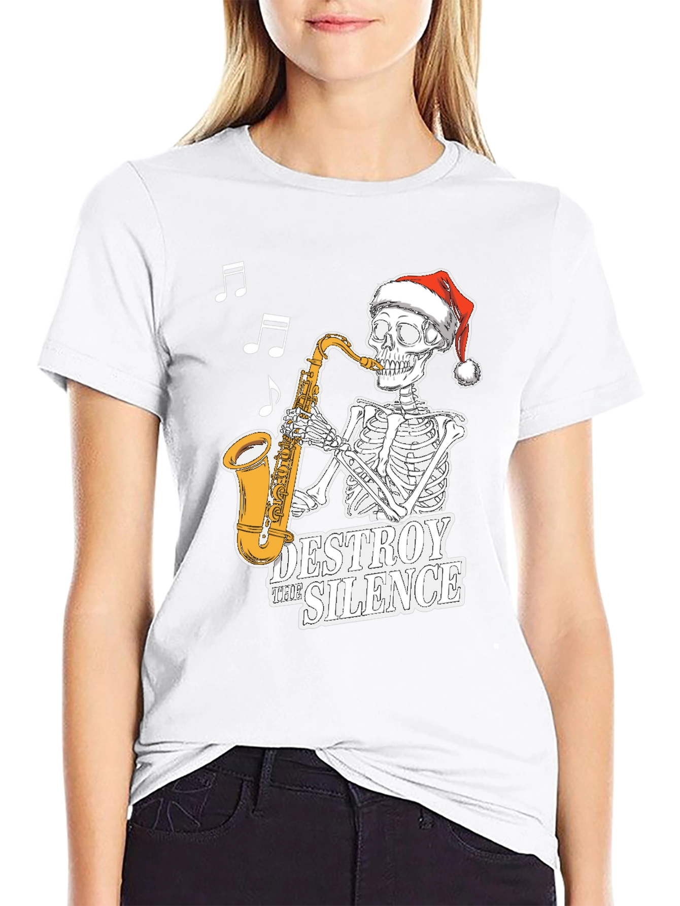 Black Skeleton Santa Saxophone T-Shirt - Destroy the Silence Tee view 9