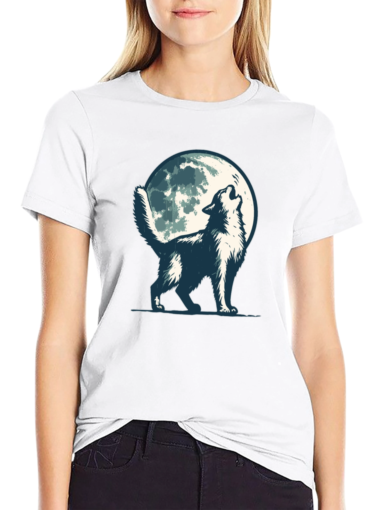 Black Wolf Howling at Moon Graphic Tee - Black Cotton Blend view 9