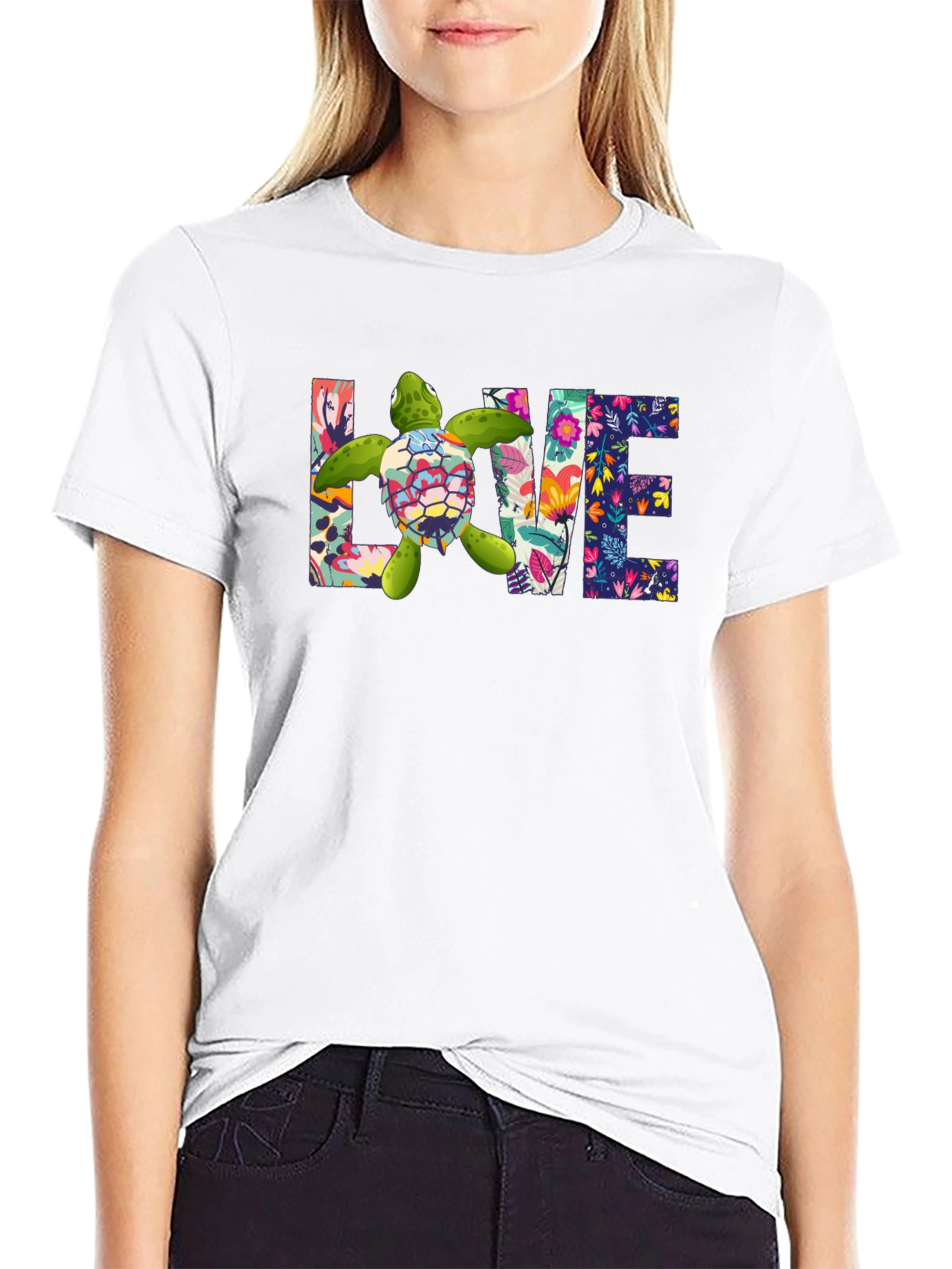 Black Floral Sea Turtle Love T-Shirt view 9
