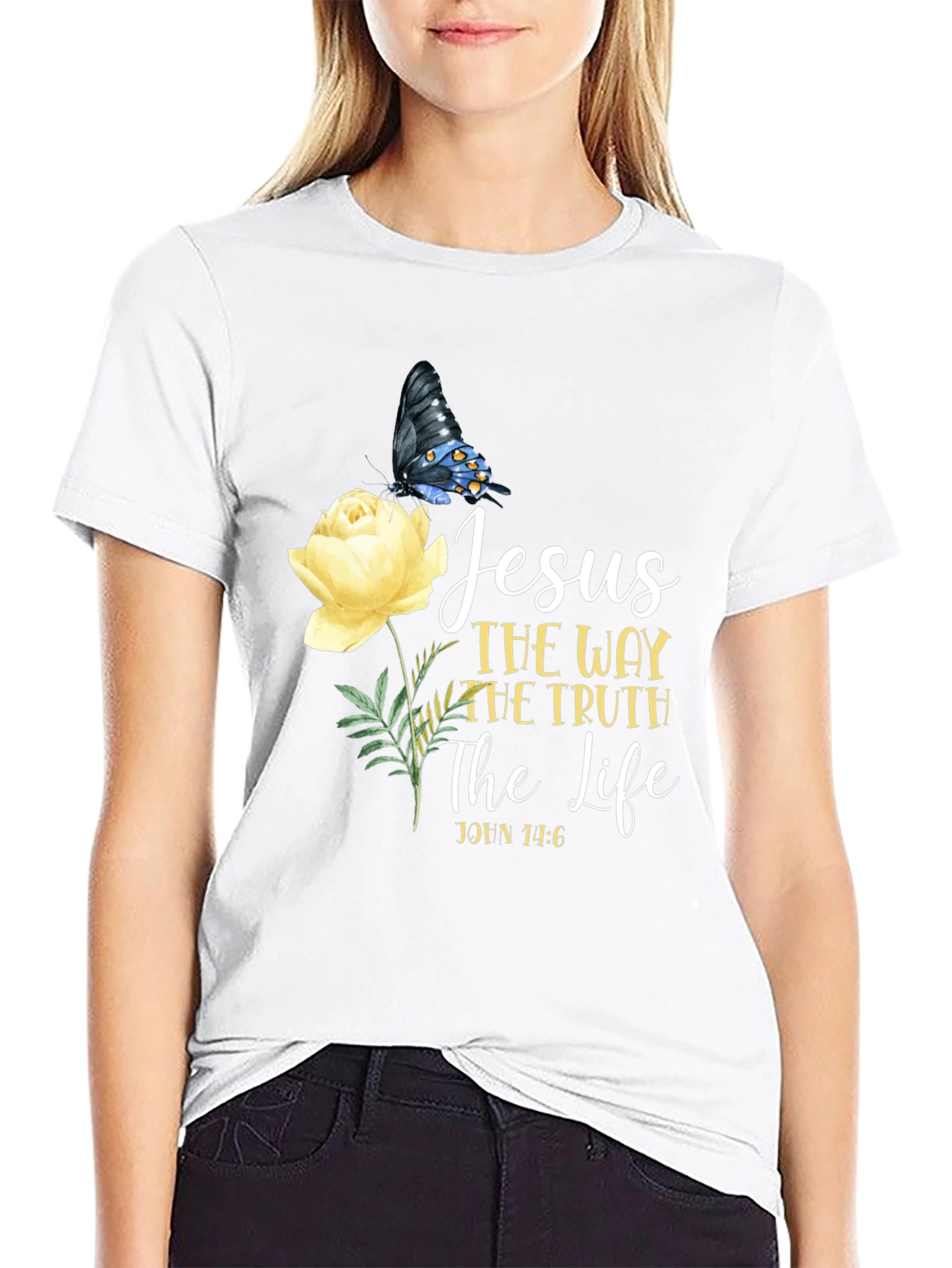 Black Jesus Way Truth Life T-Shirt Butterfly Rose Graphic view 9