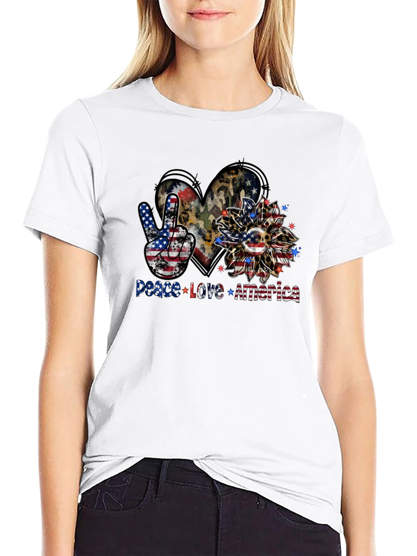 Black Patriotic Peace Love America Graphic T-Shirt view 9