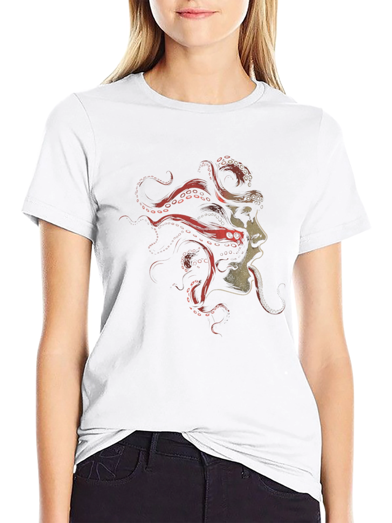 Black Octopus Woman Graphic Tee - Black Cotton T-Shirt view 9
