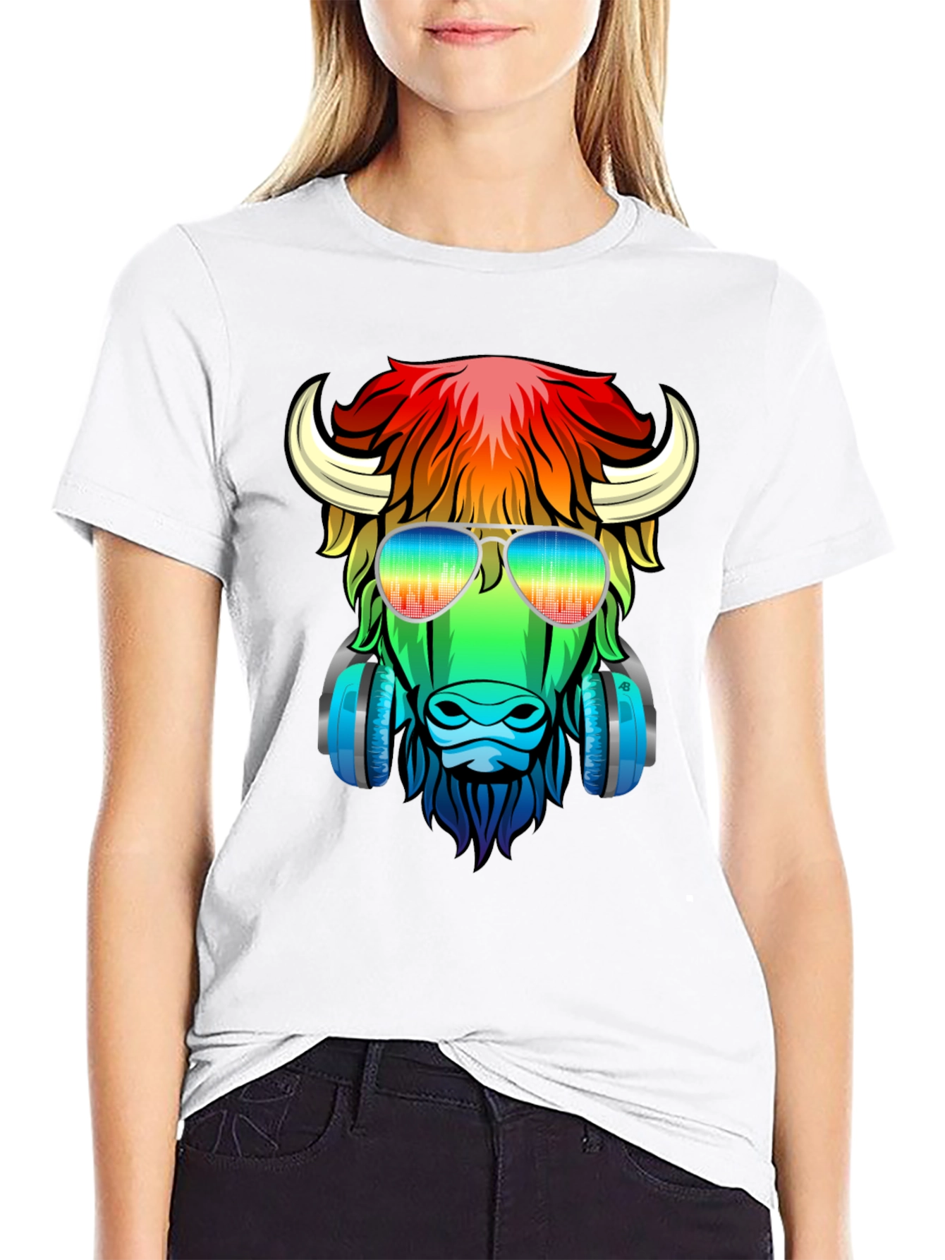 Black Cool Buffalo Graphic Tee - Colorful Animal Design view 9