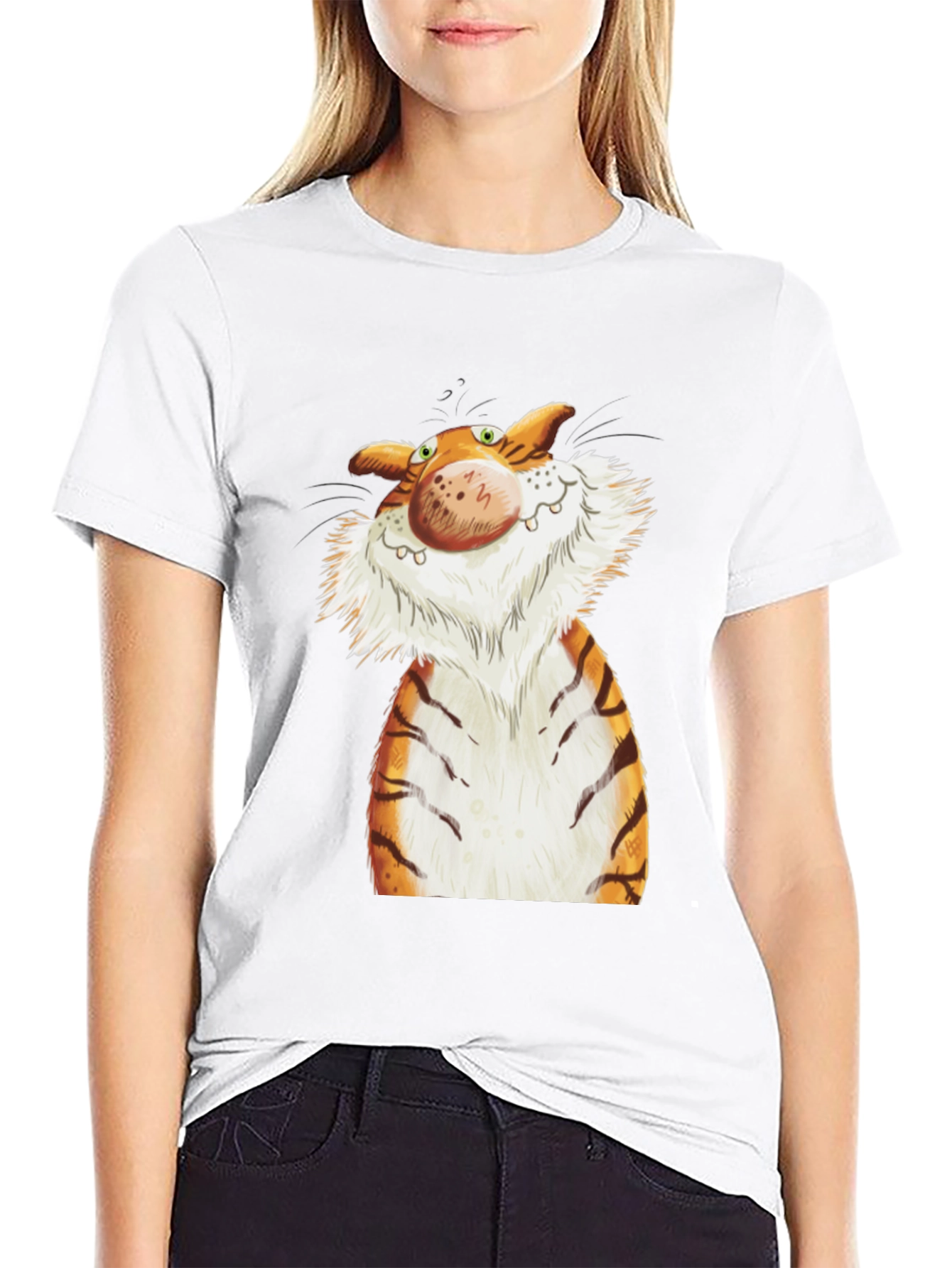 Black Cartoon Tiger Graphic Tee - Black Cotton T-Shirt view 9