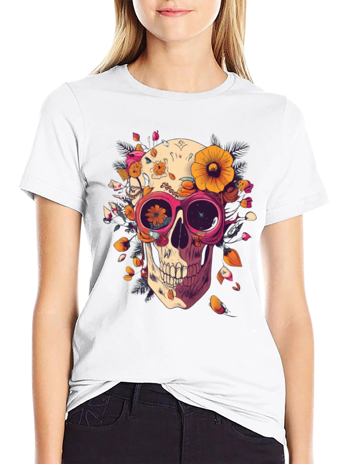 Black Floral Skull Graphic Tee - Unique Unisex T-Shirt view 9
