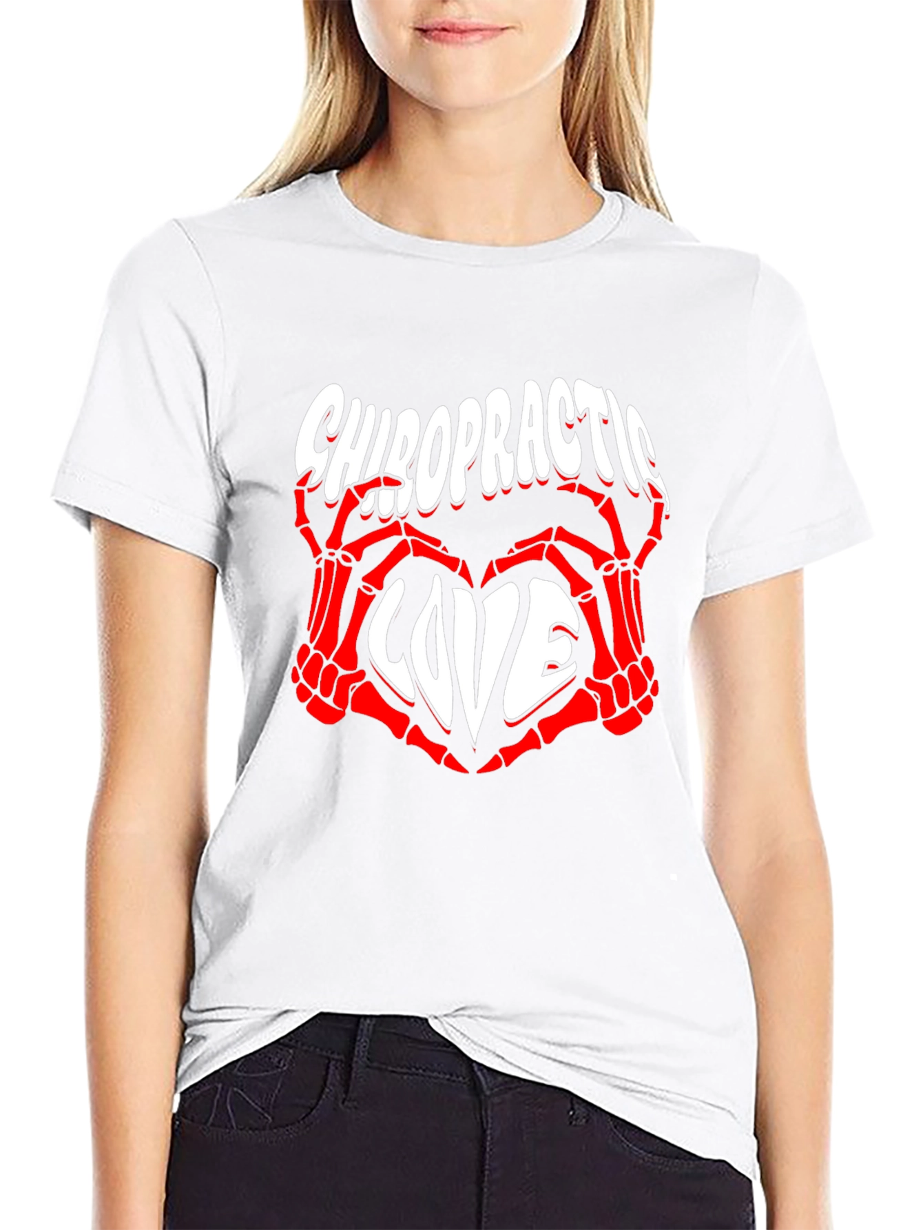 Black Chiropractic Love T-Shirt - Red Skeleton Hands Heart view 9