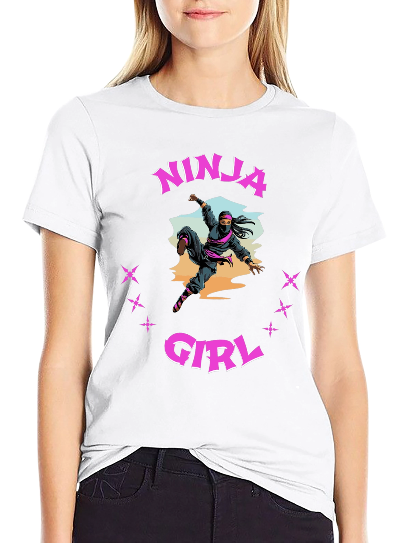 Black Ninja Girl Graphic Tee - Black Cotton T-Shirt view 9