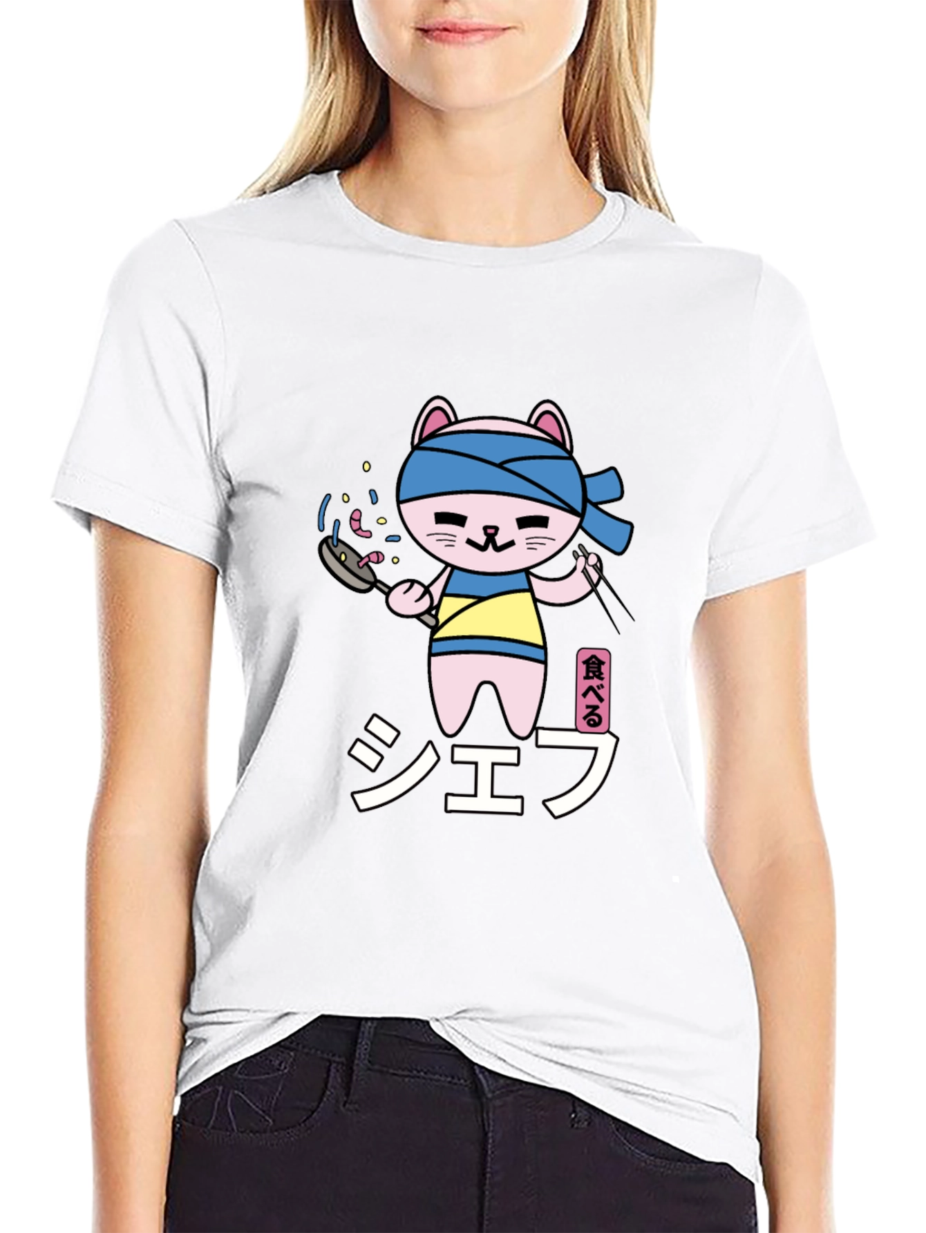 Black Chef Cat T-Shirt - Black, Cartoon Graphic Tee view 9
