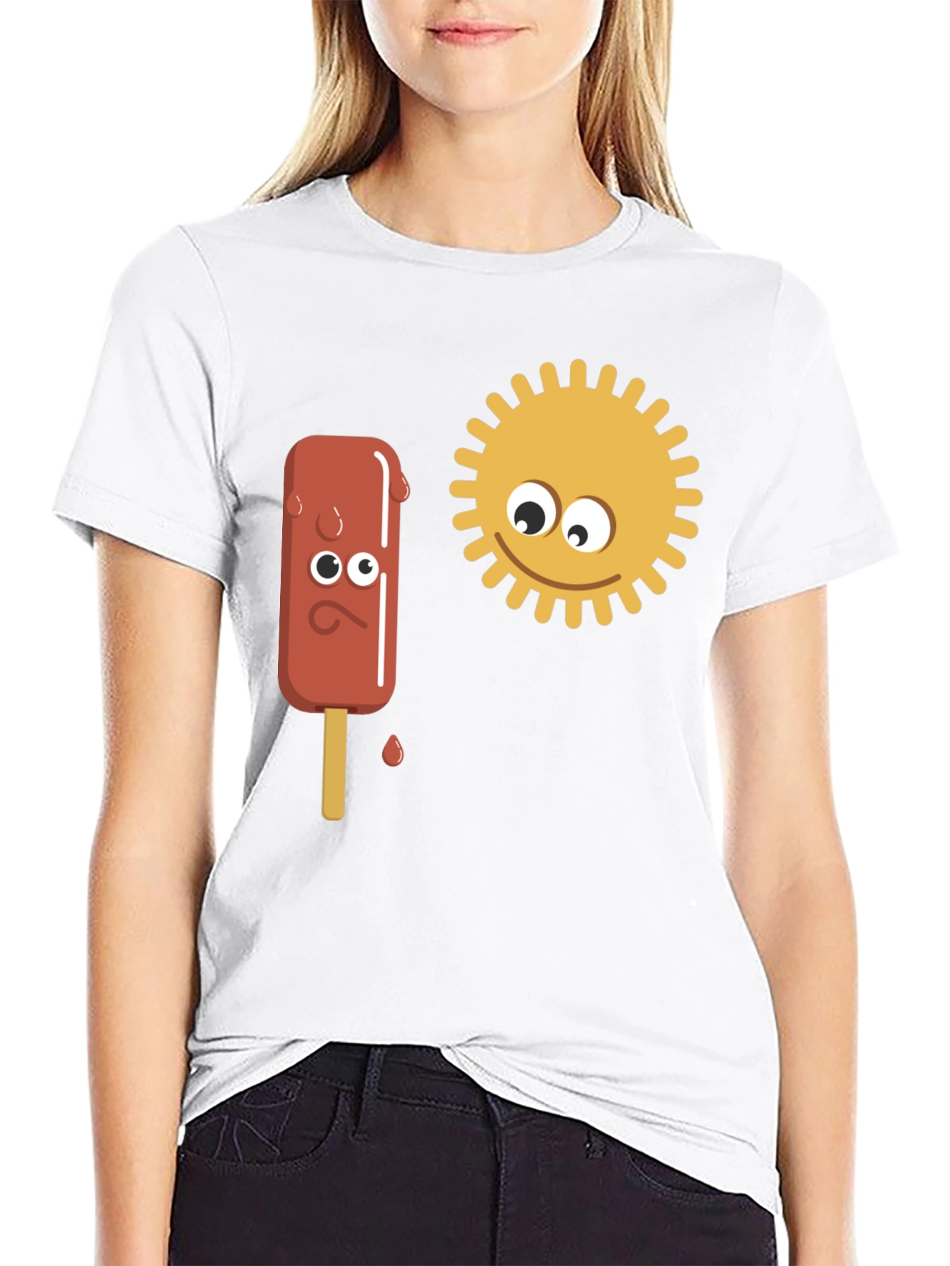 Black Funny Cartoon Sun & Ice Cream Men's Black T-Shirt view 9