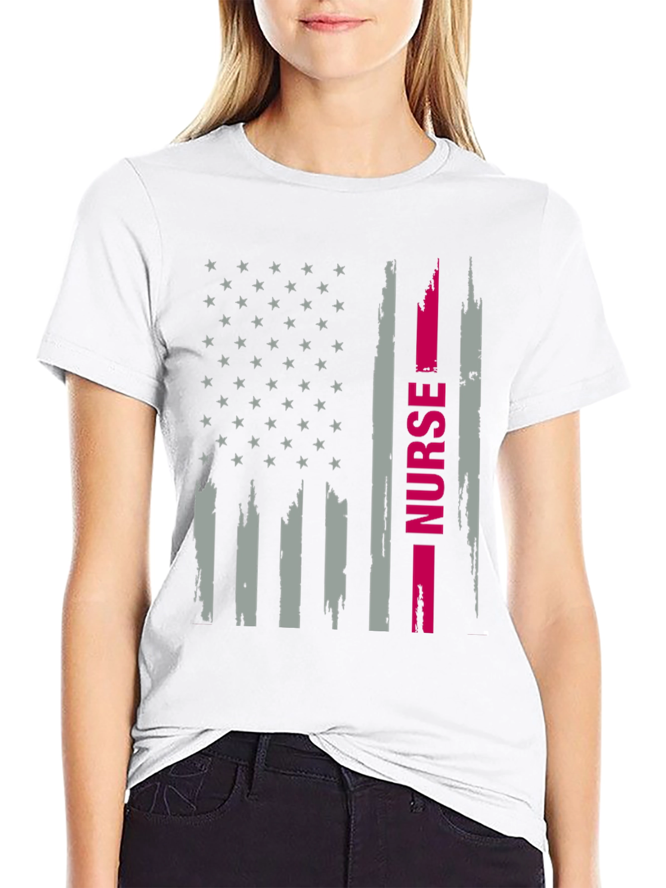Black Nurse American Flag Graphic T-Shirt view 9