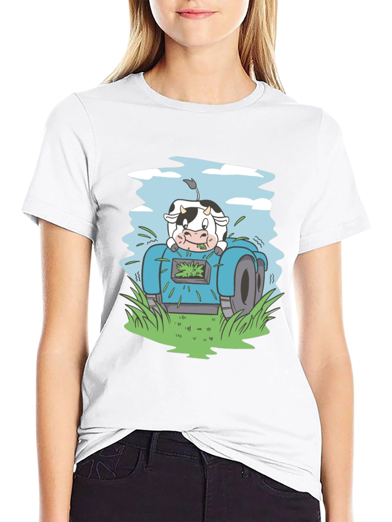 Black Cow Riding Lawnmower Graphic Tee view 9