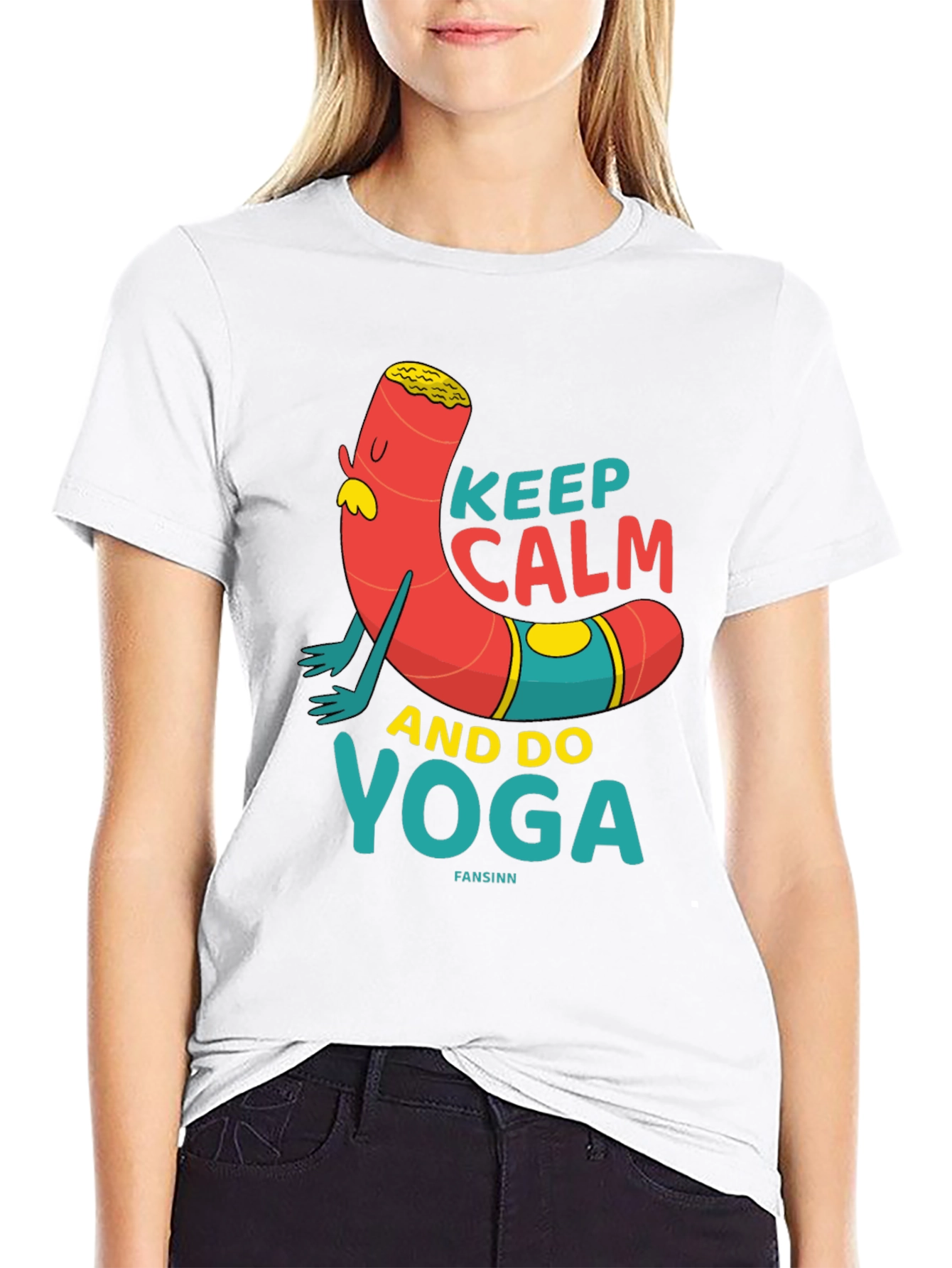 Black Keep Calm Yoga Cartoon T-Shirt view 9