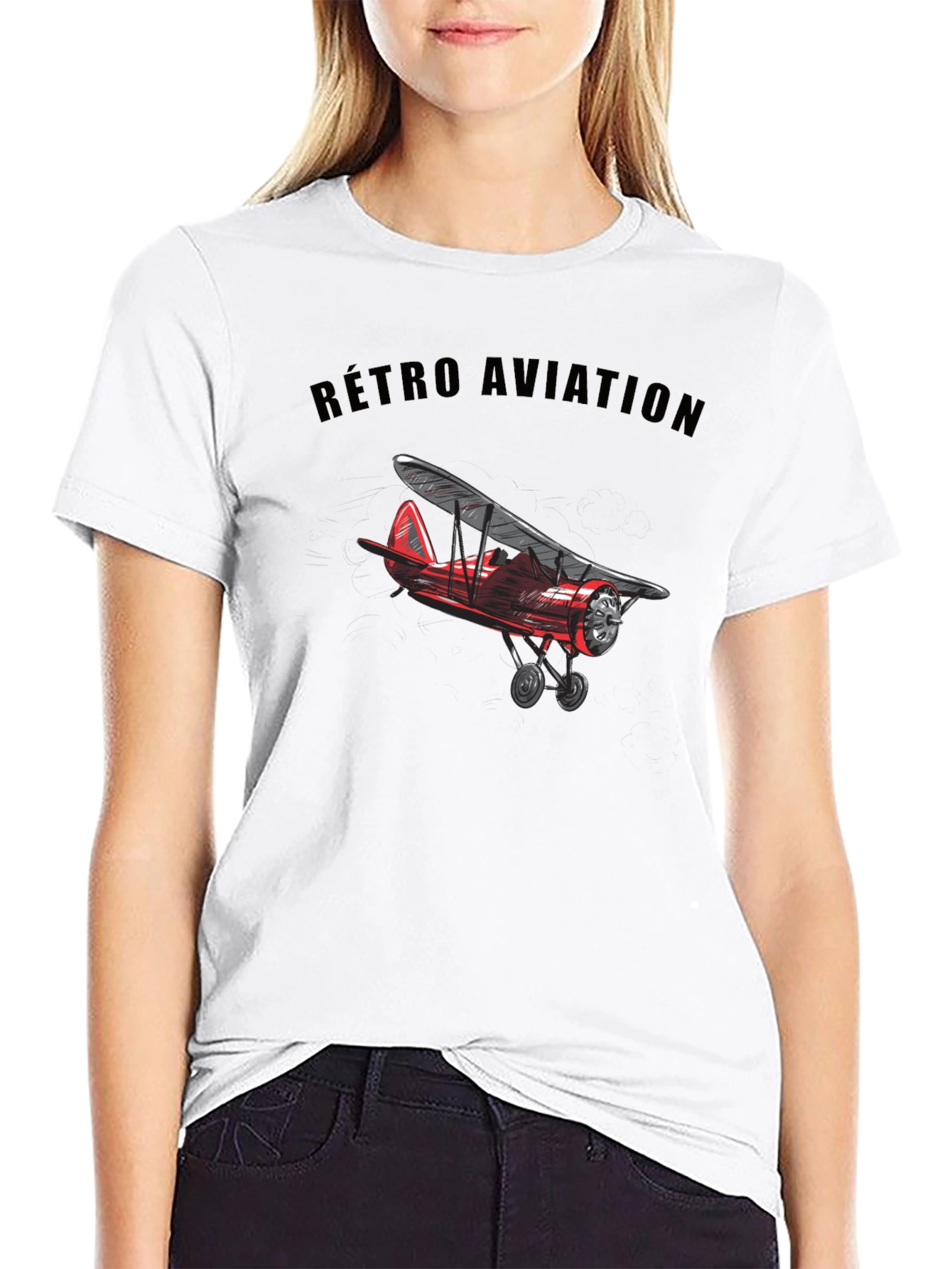 Black Retro Aviation Biplane Graphic T-Shirt view 9
