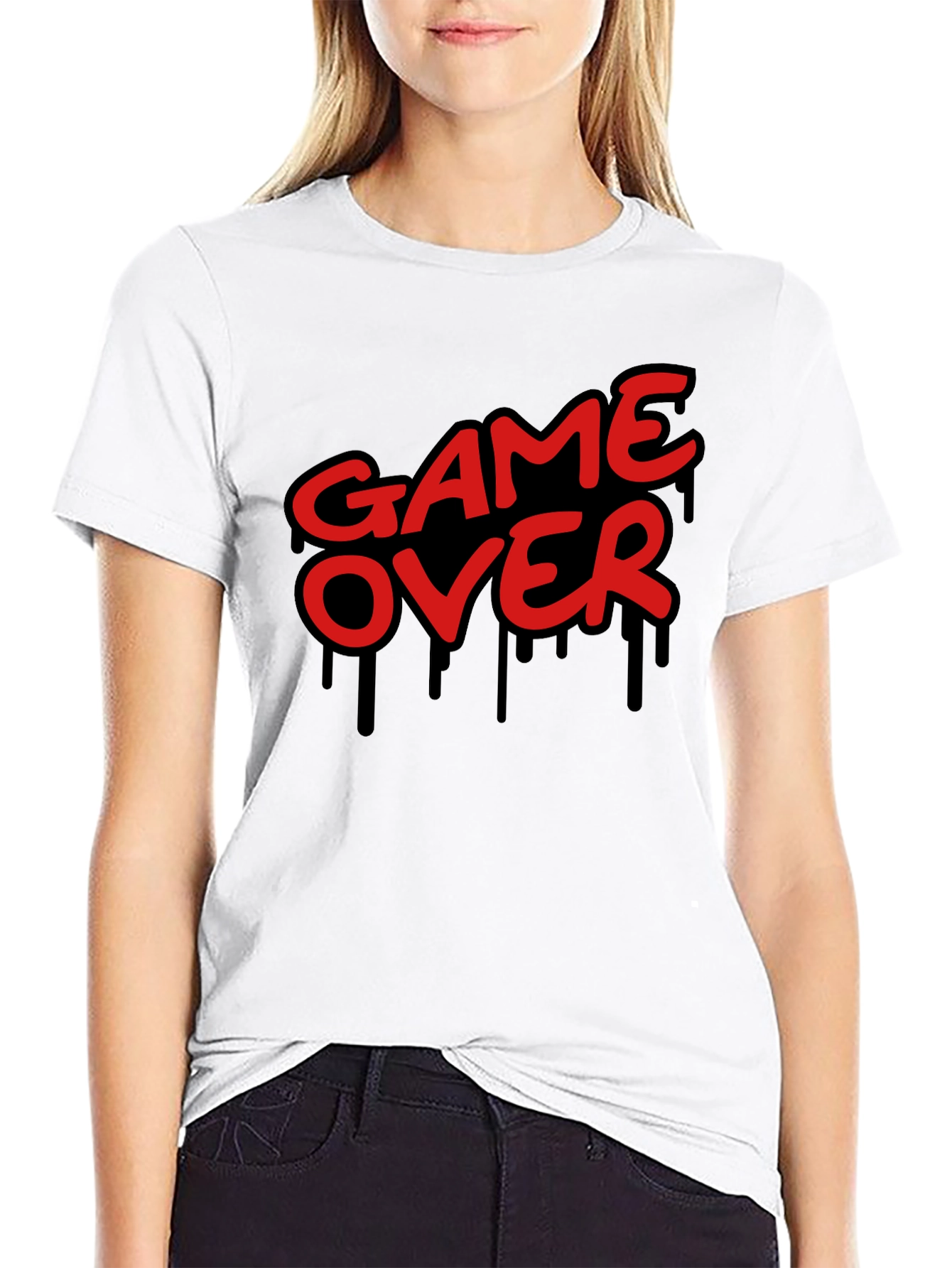 Black Game Over Graphic Print Crew Neck T-Shirt view 9