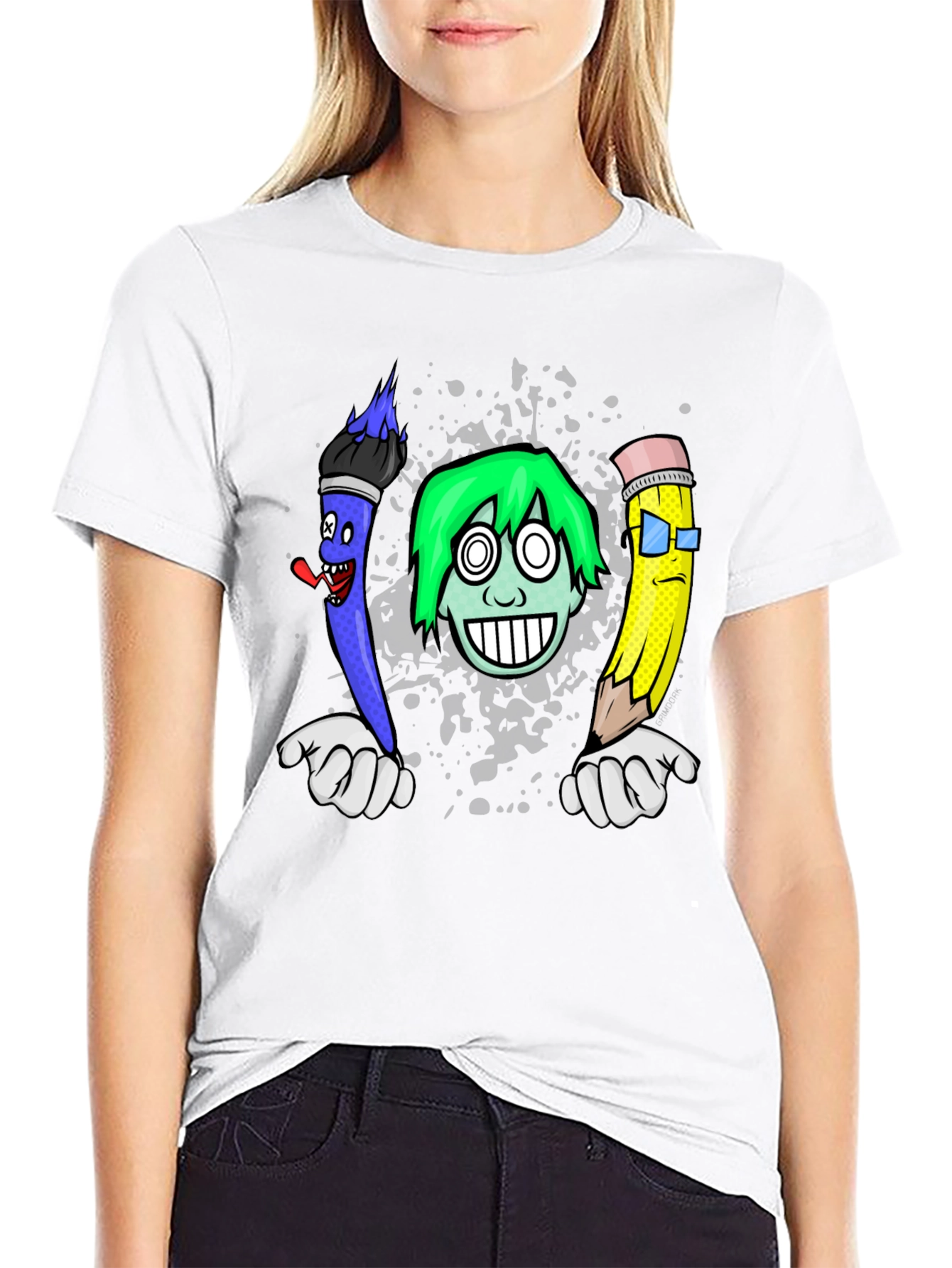 Black Cartoon Art T-Shirt: Brush, Pencil, & Character view 9