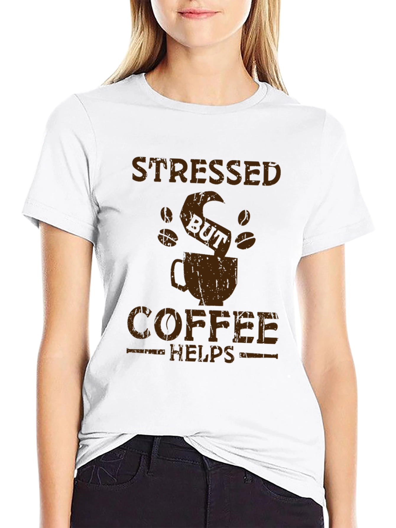 Black Stressed But Coffee Helps Graphic Tee view 9