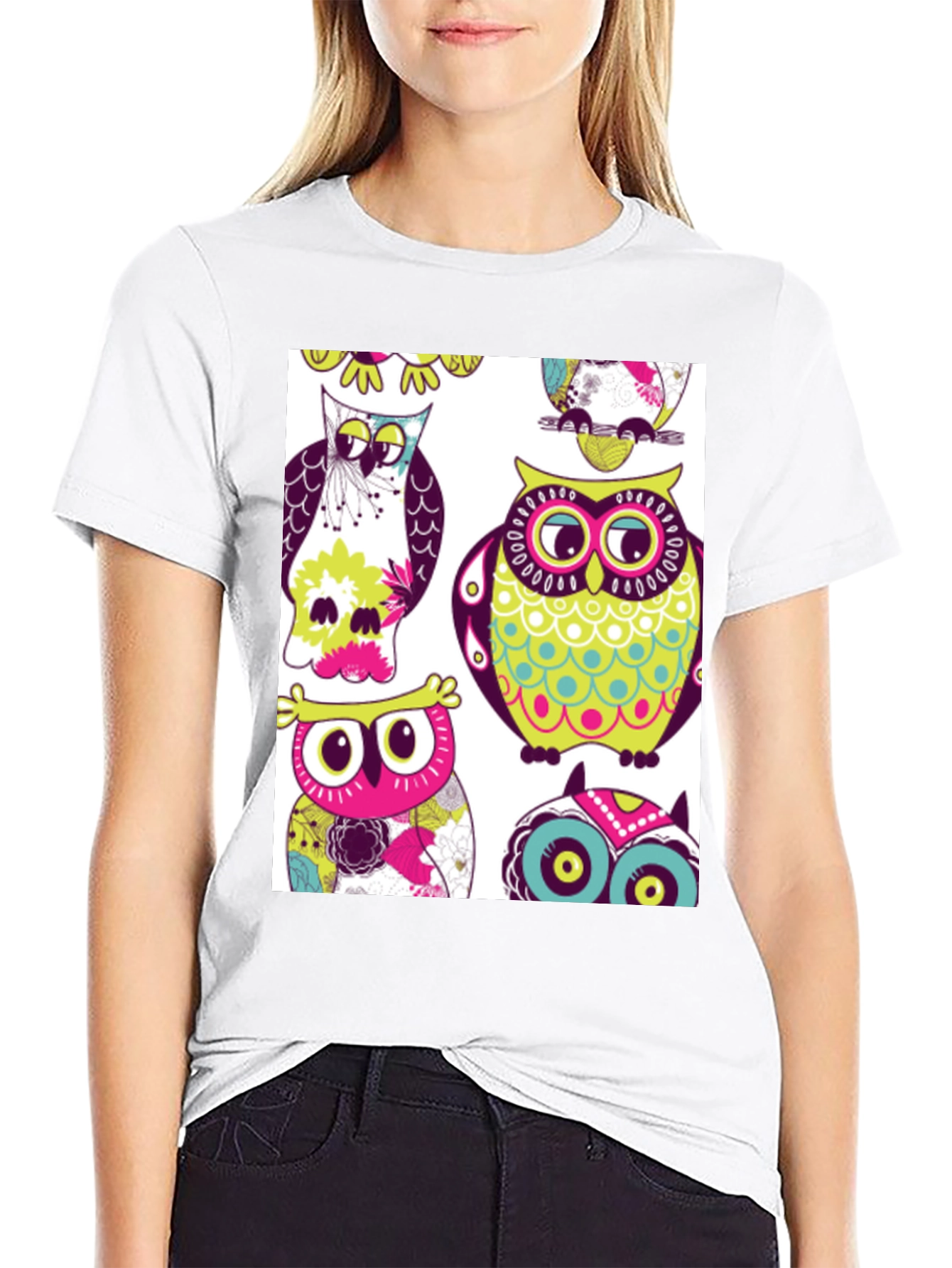 Black Owl Pattern Graphic Print Crew Neck Tee view 9