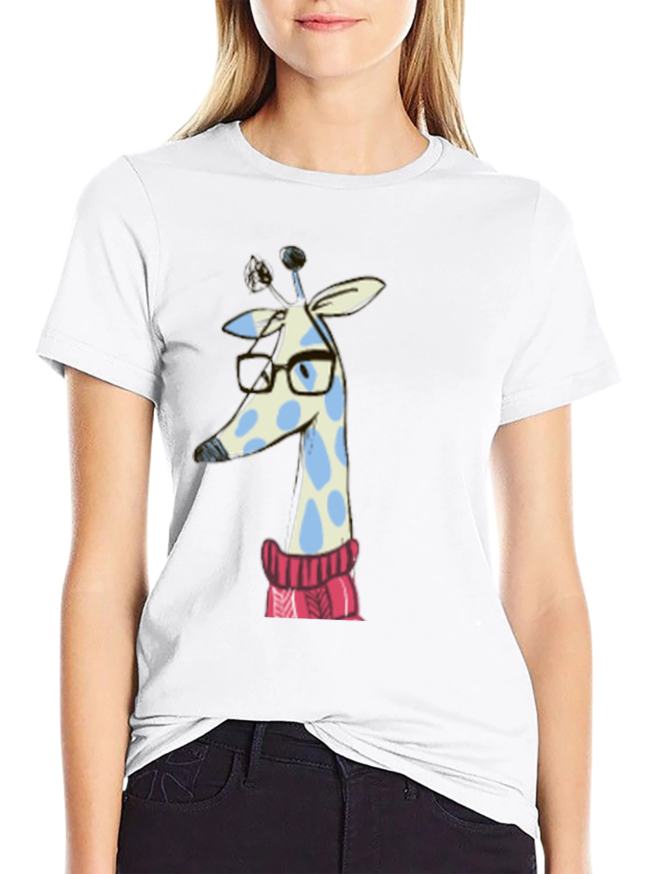 Black Giraffe in Sweater Graphic Tee - Unisex Black T-Shirt view 9