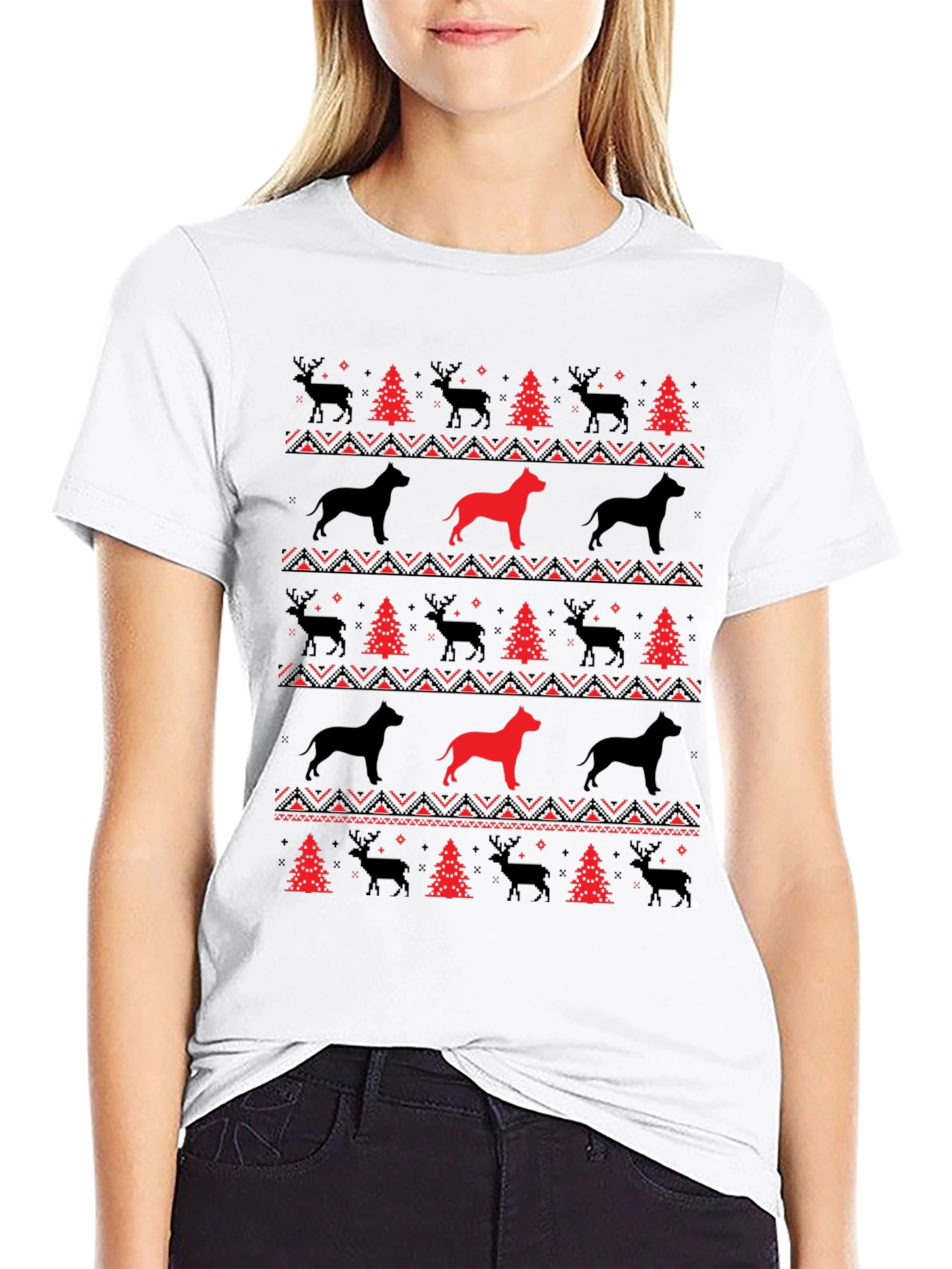 Black Festive Dog & Reindeer Holiday T-Shirt view 9