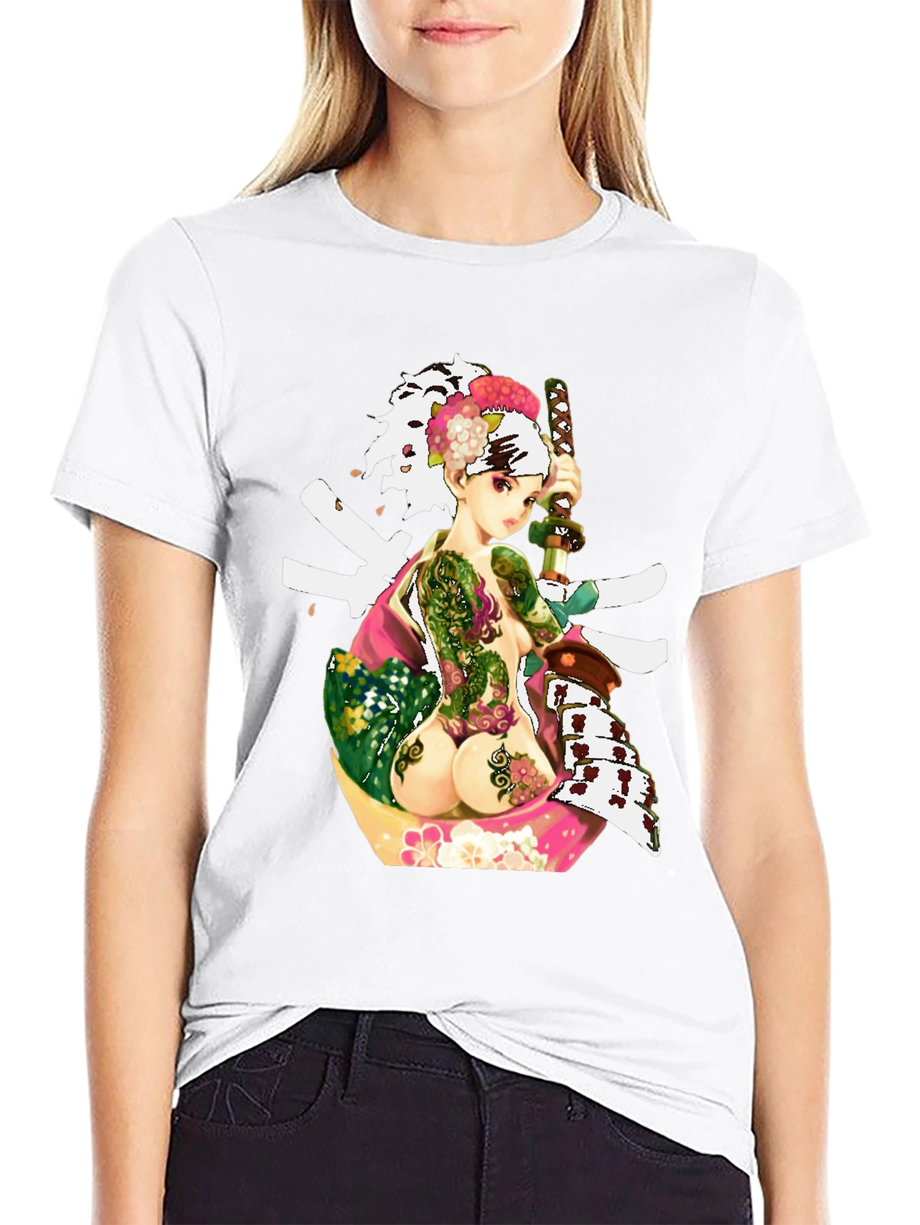 Black Samurai Girl Tattoo T-Shirt - Unique Graphic Tee view 9