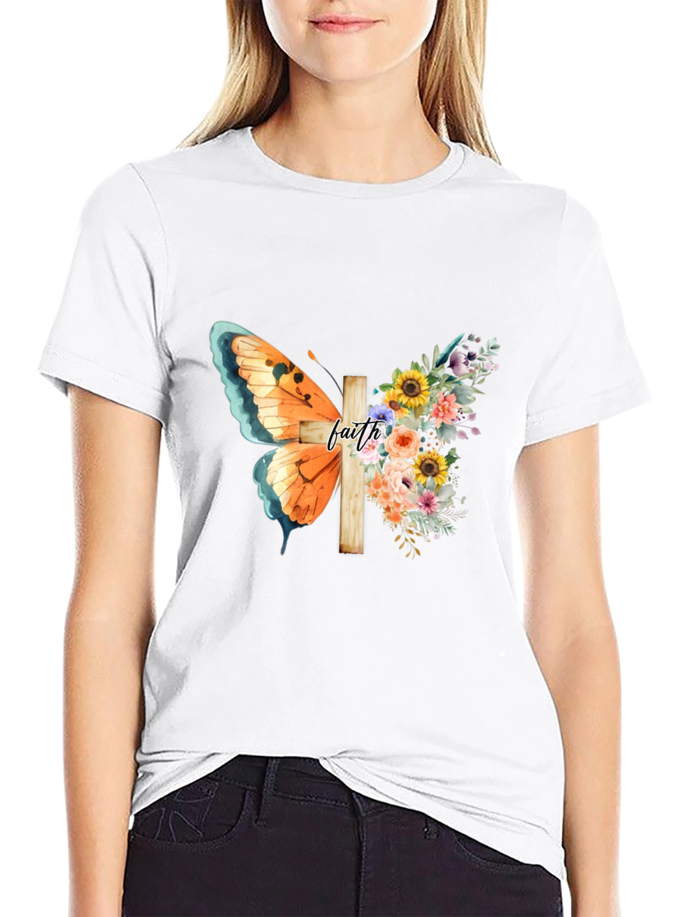 Black Faith Butterfly Floral Cross Graphic Tee view 9