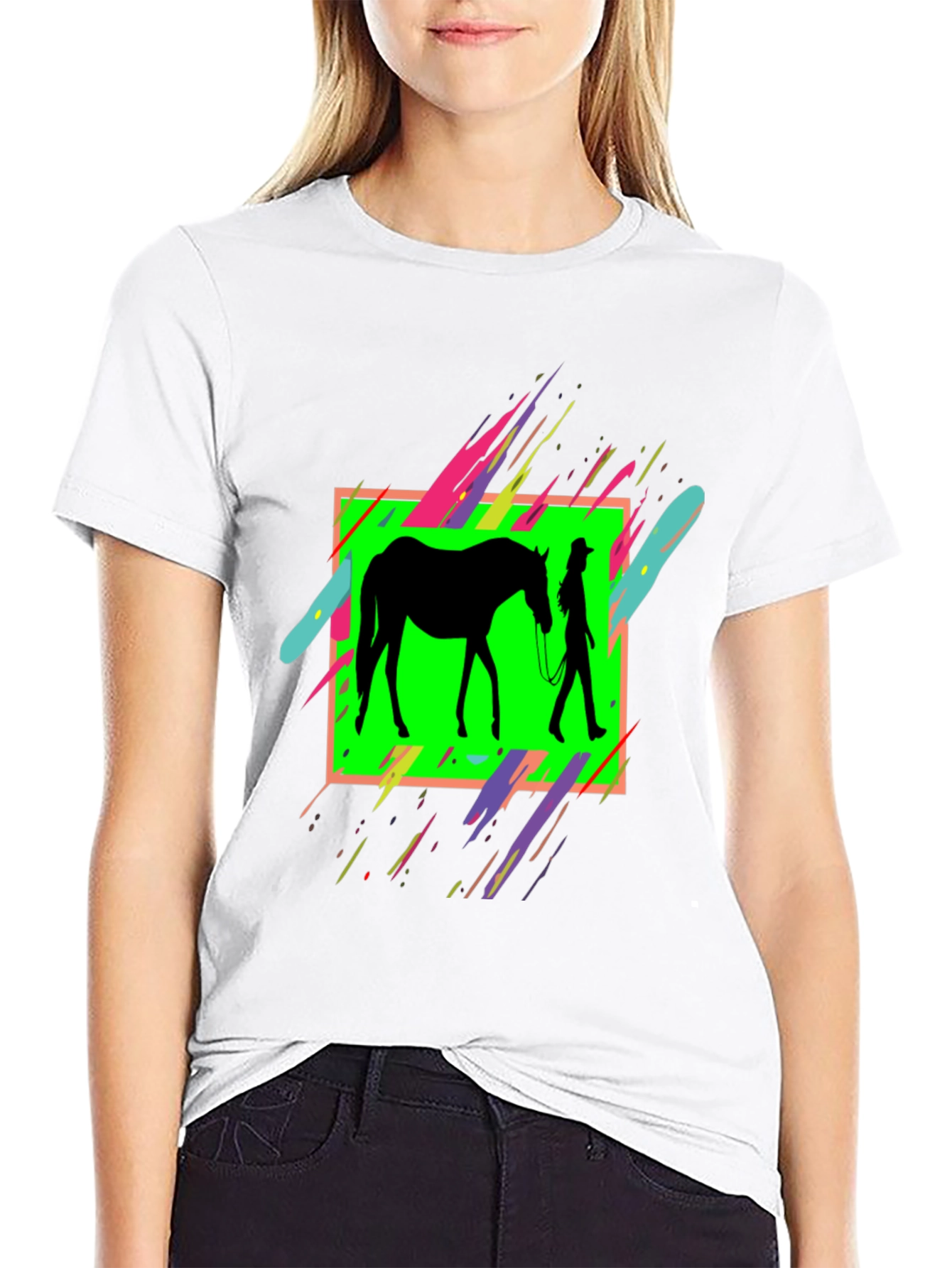 Black Horse & Rider Graphic Tee - Neon Silhouette Design view 9