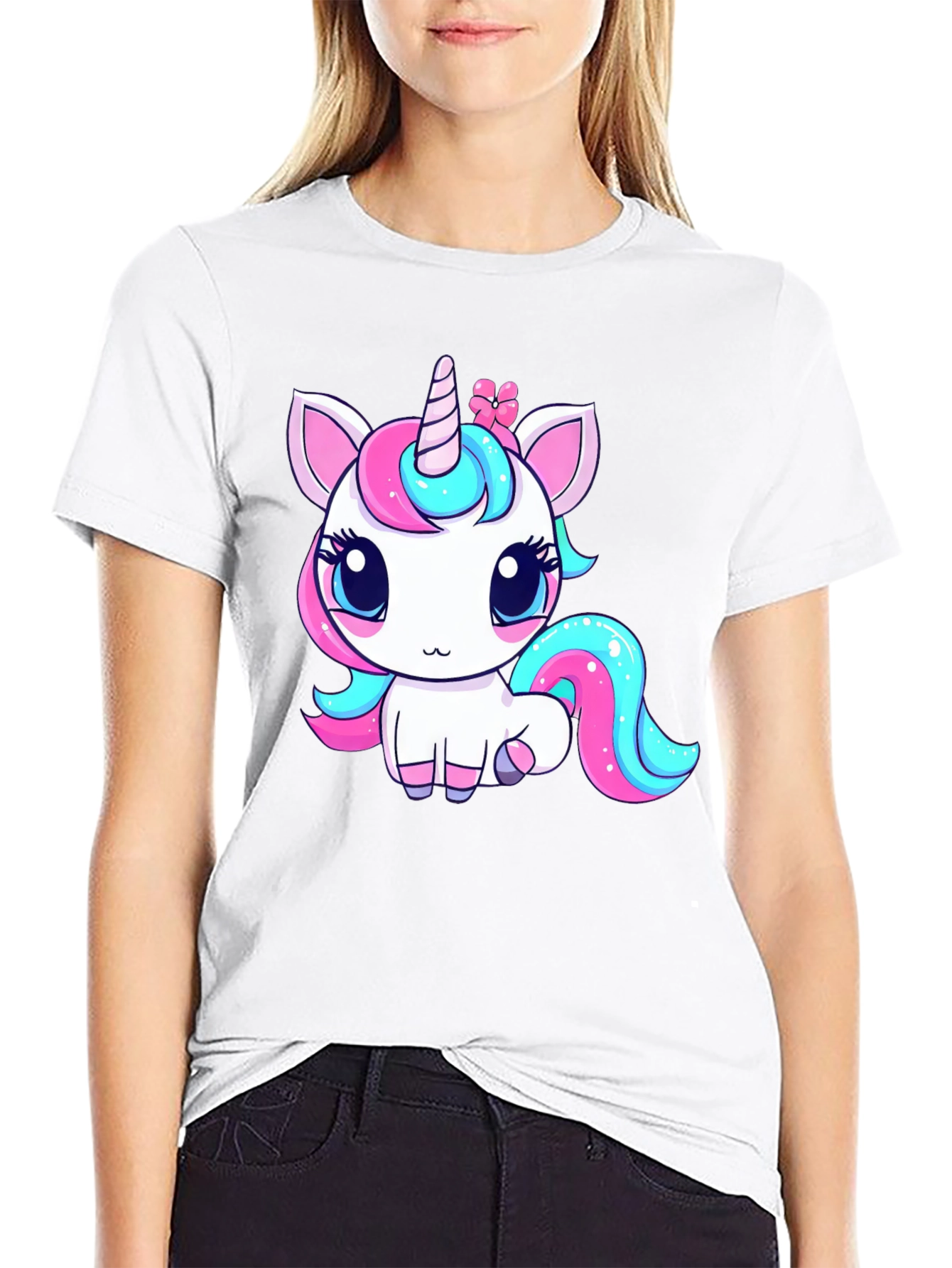 Black Cute Cartoon Unicorn Black T-Shirt view 9