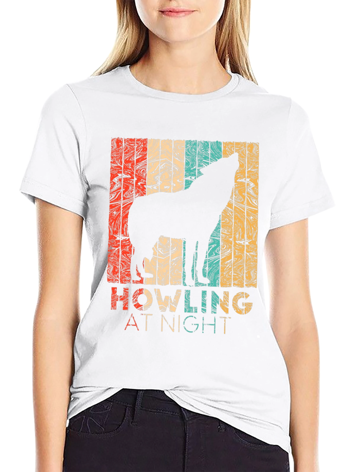 Black Retro Wolf Howling at Night Graphic T-Shirt view 9