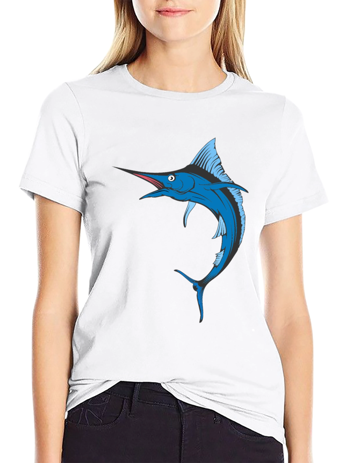 Black Blue Marlin Fish Graphic T-Shirt - Black Cotton Tee view 9