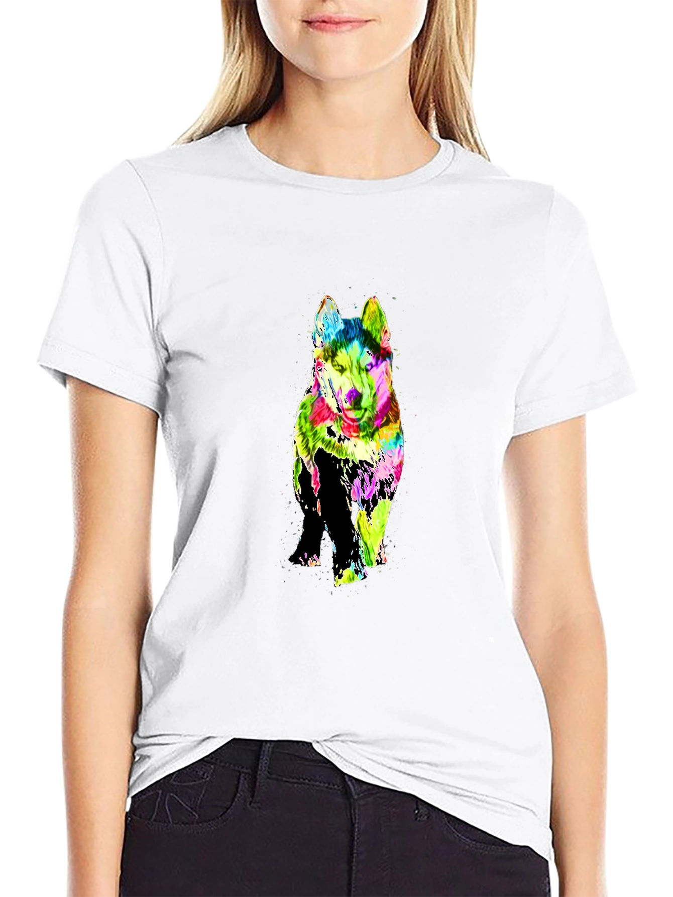 Black Colorful Husky Graphic Print Black T-Shirt view 9