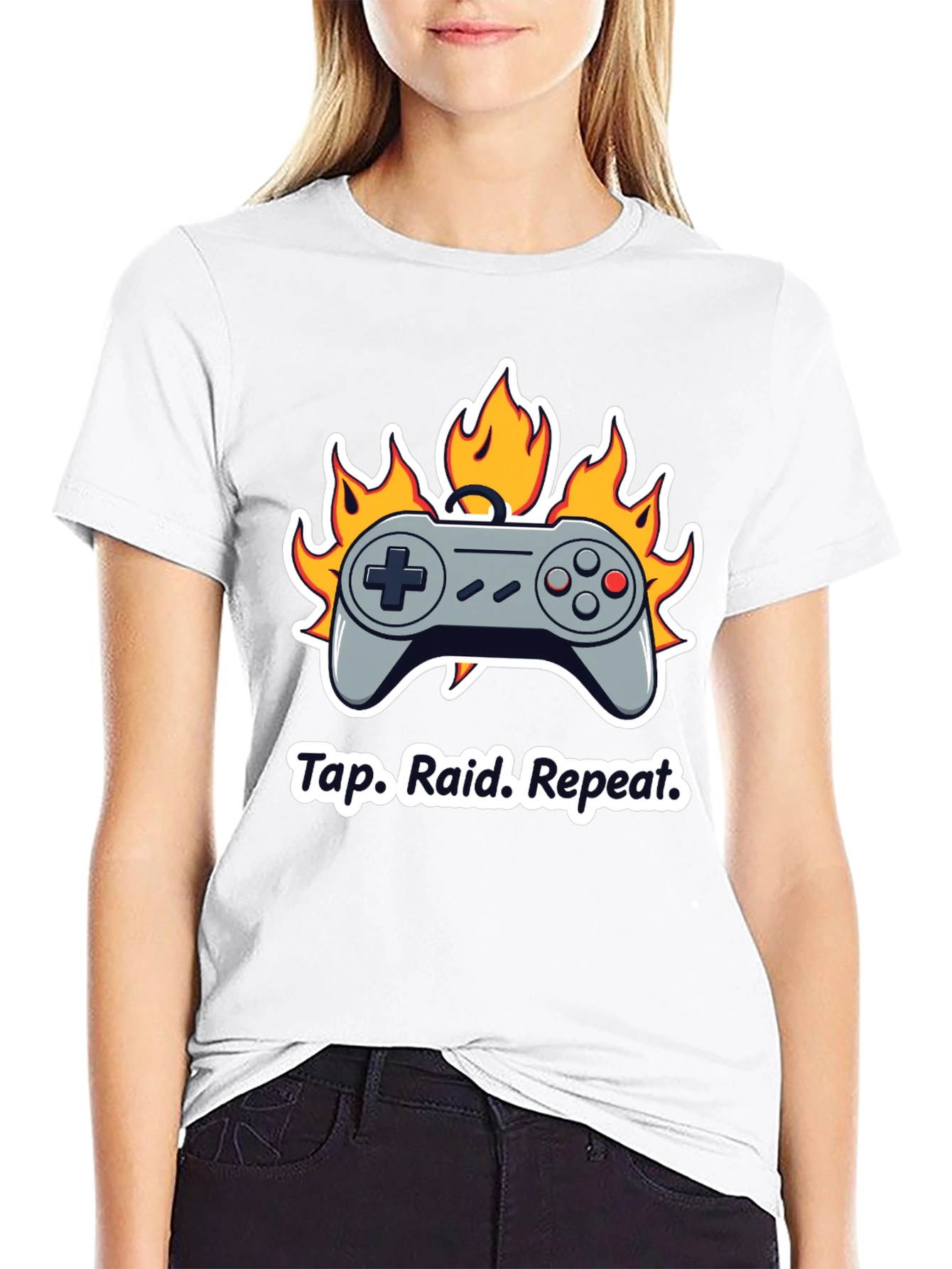 Black Gamer T-Shirt: Tap Raid Repeat - Controller in Flames view 9
