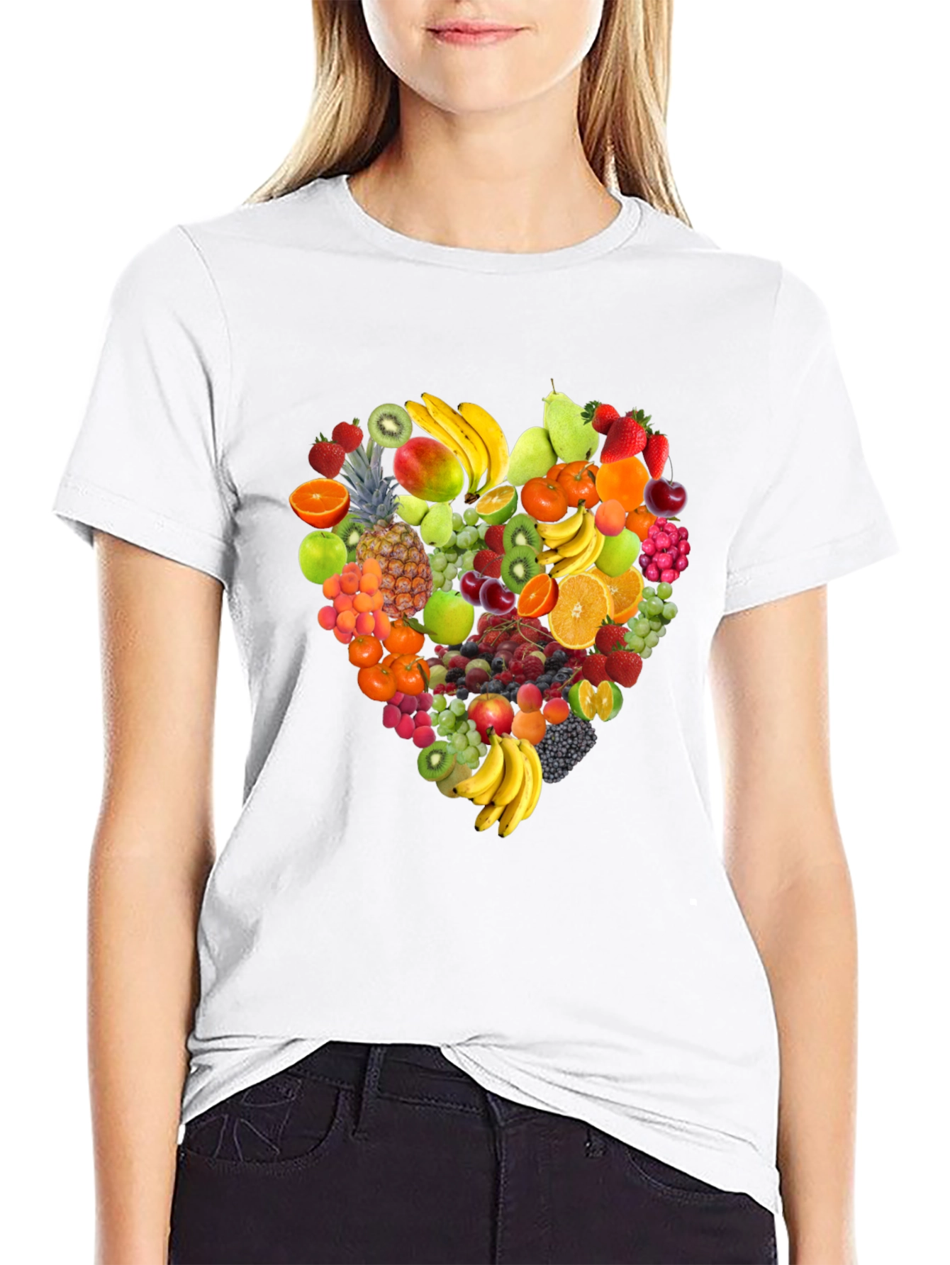 Black Fruit Heart Graphic Print Black T-Shirt view 9