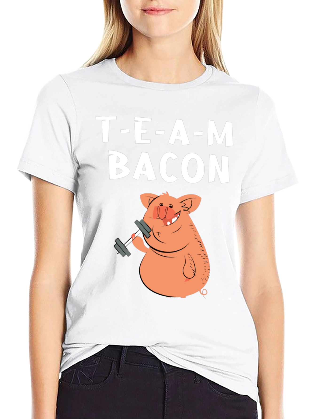 Black Team Bacon Pig Lifting Weights Graphic T-Shirt view 9