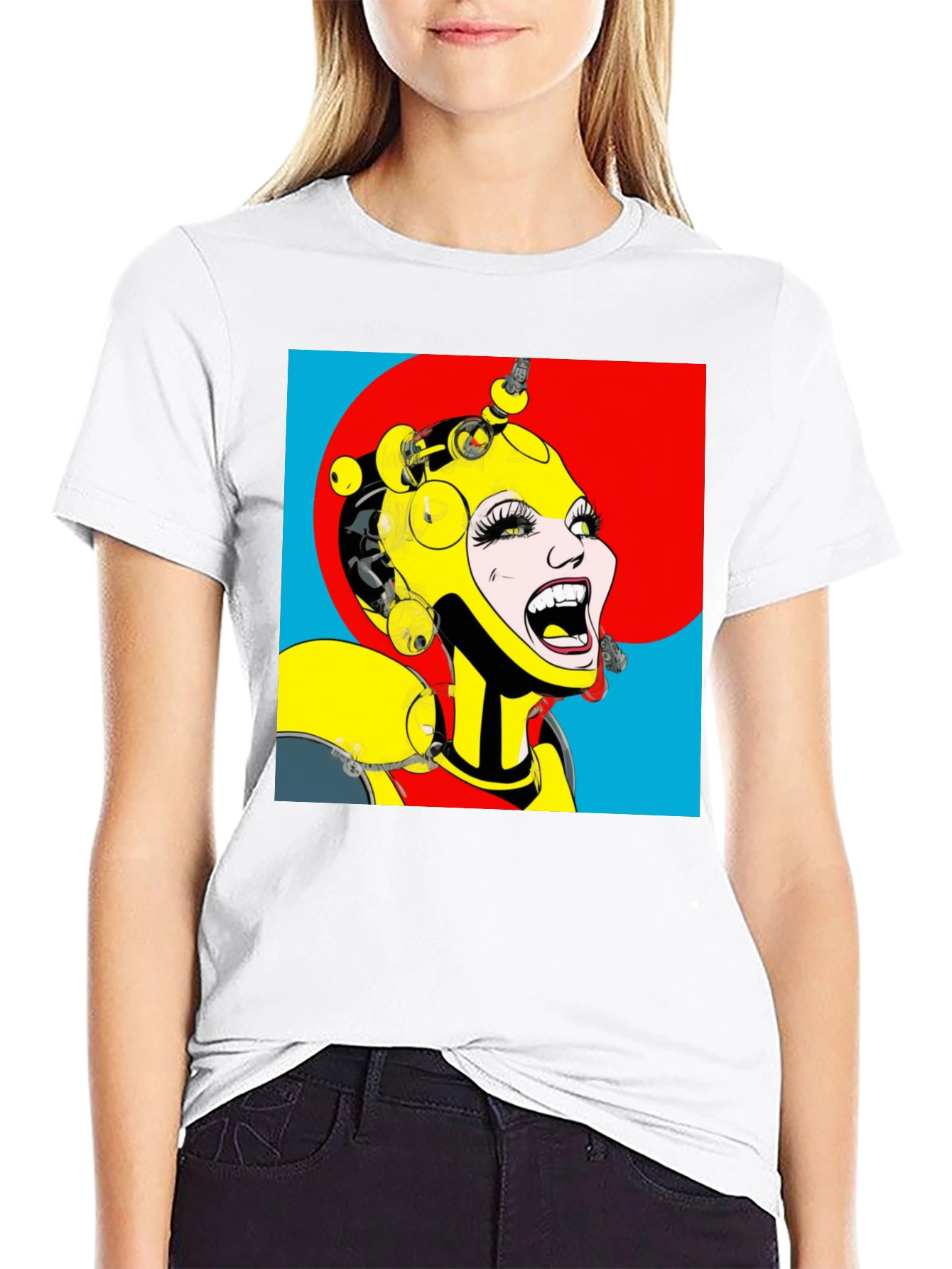 Black Pop Art Robot Woman Graphic T-Shirt view 9