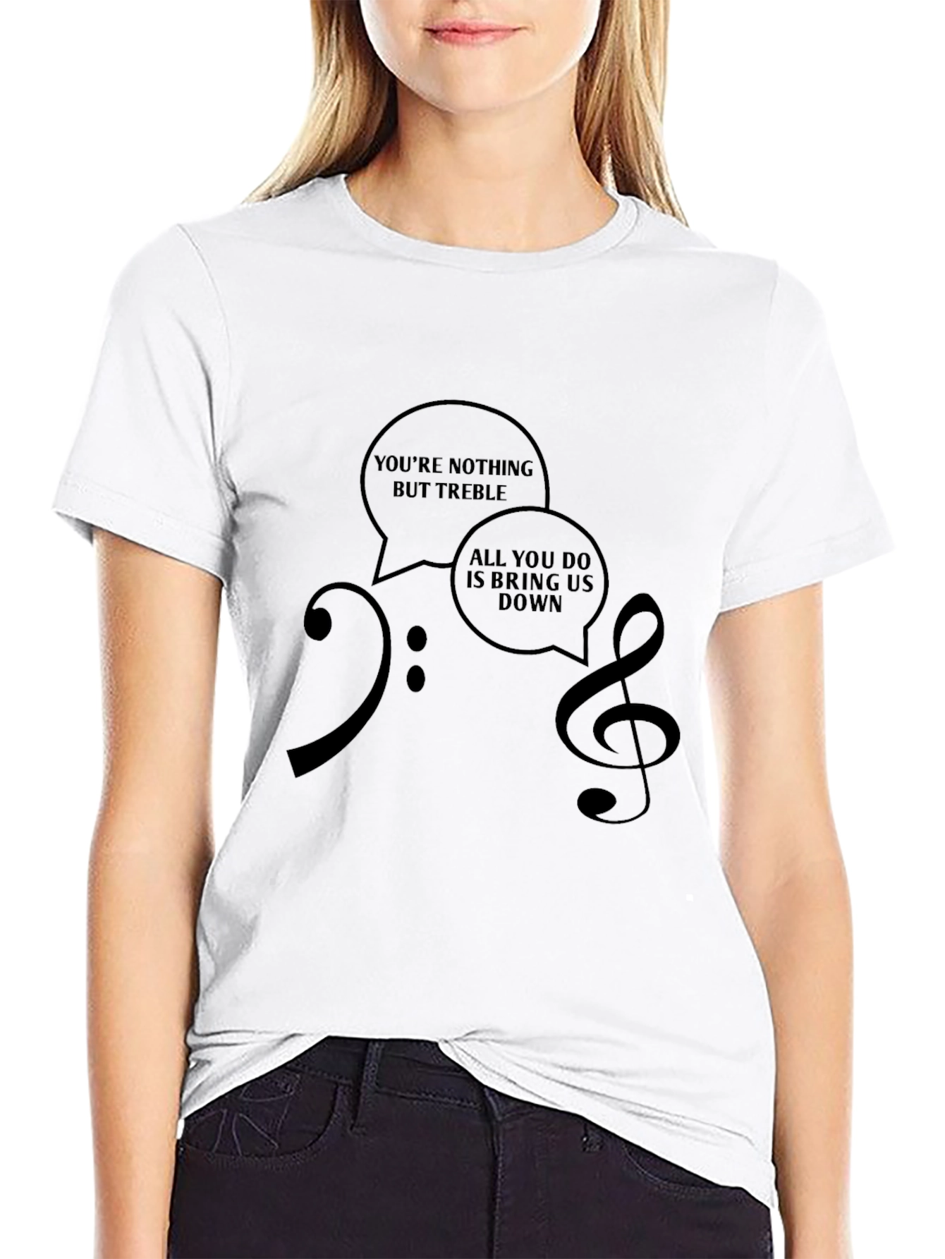 Black Musical Humor T-Shirt: Treble & Bass Clef Design view 9