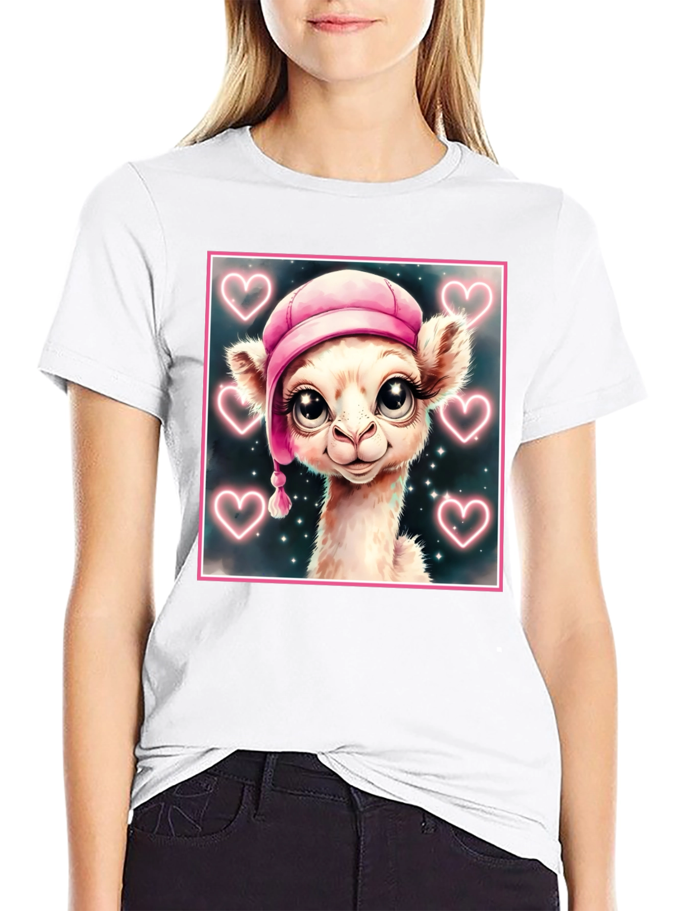 Black Cute Llama in Pink Hat - Graphic Tee view 9